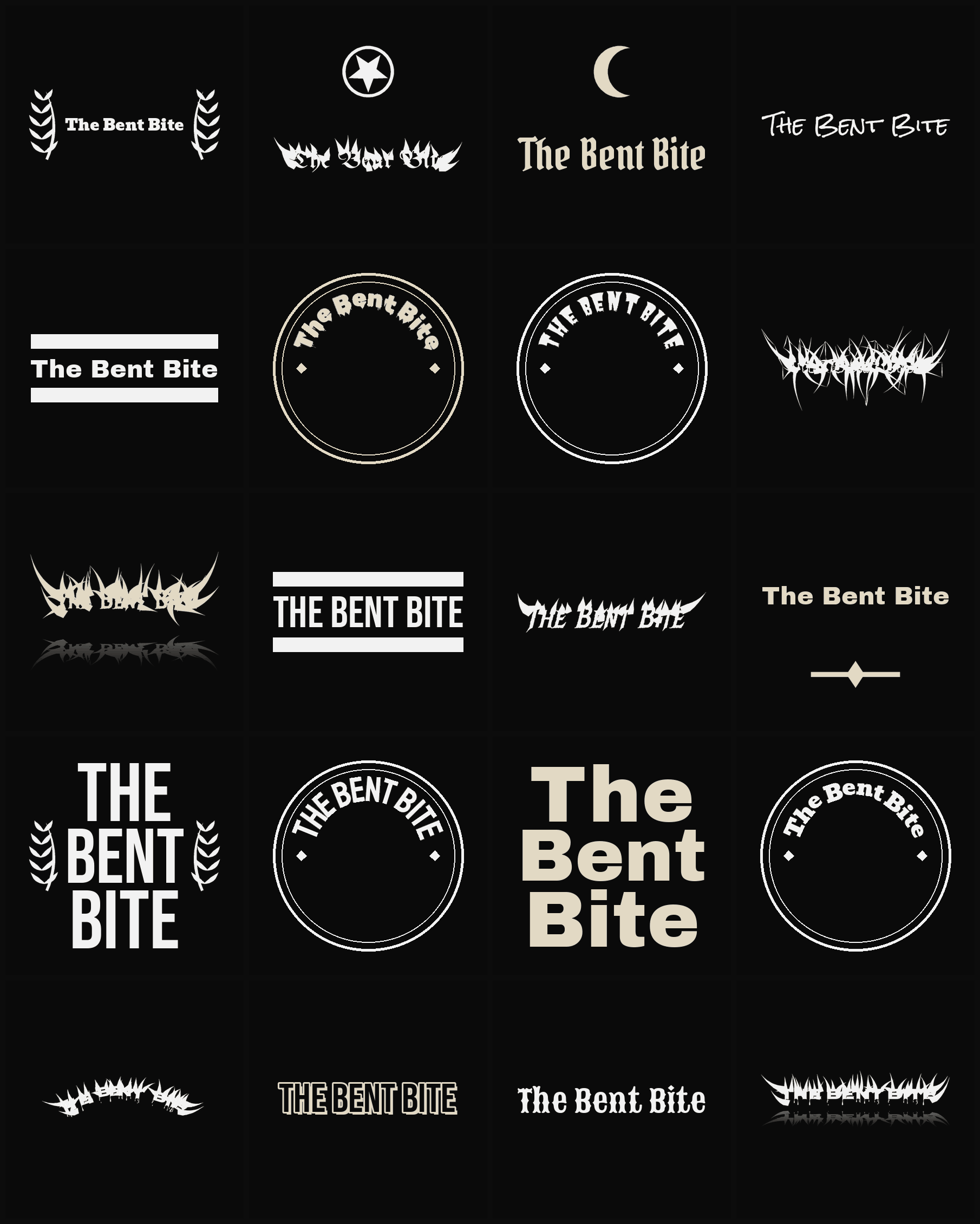 Twenty The Bent Bite band logo ideas — different faces, treatments and spike settings