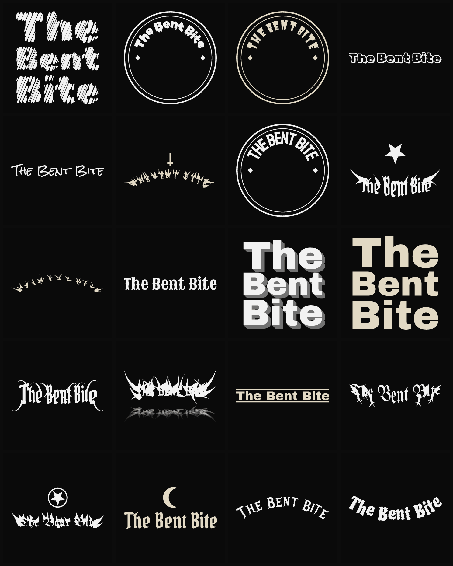 Twenty The Bent Bite band logo ideas — different faces, treatments and spike settings
