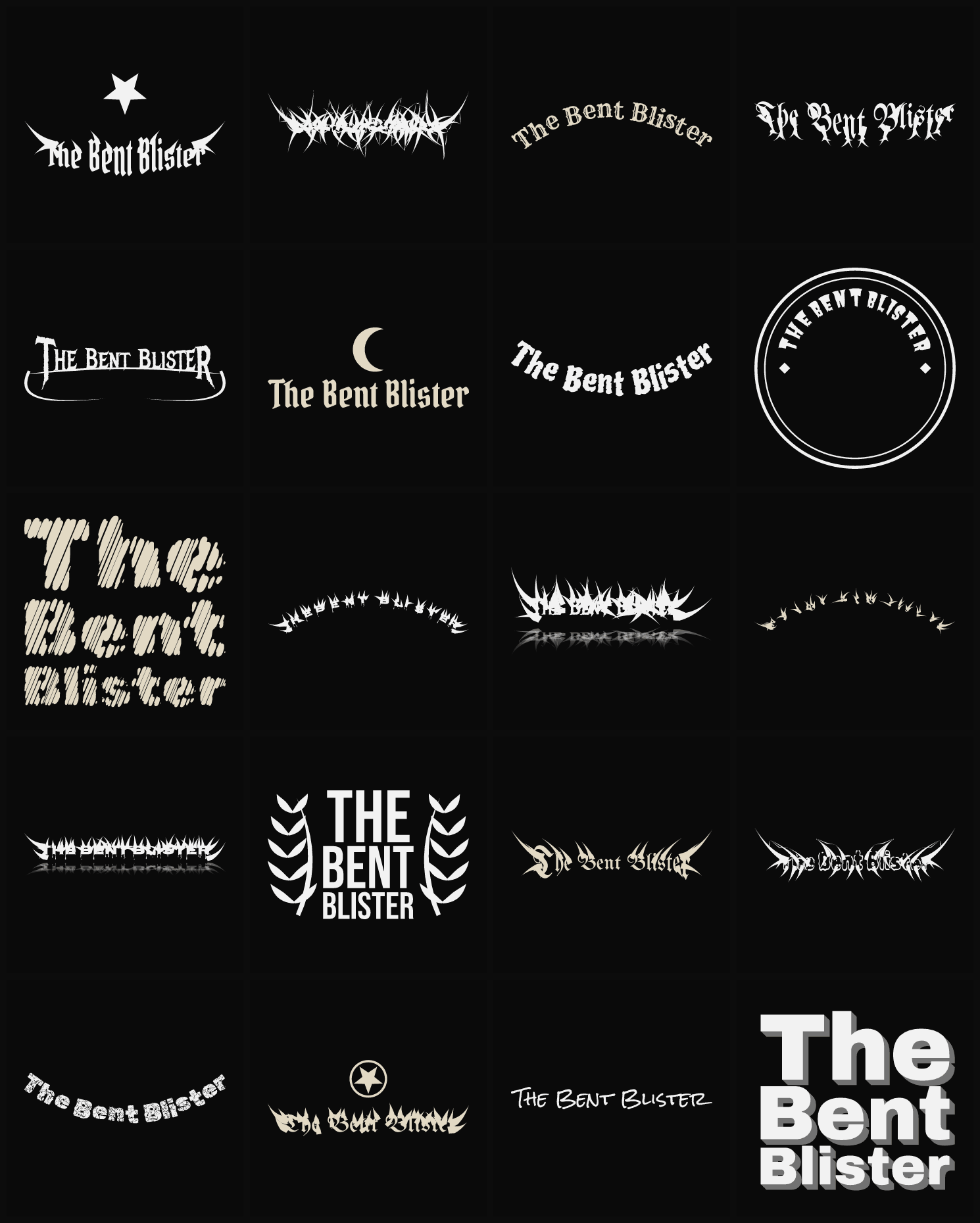 Twenty The Bent Blister band logo ideas — different faces, treatments and spike settings