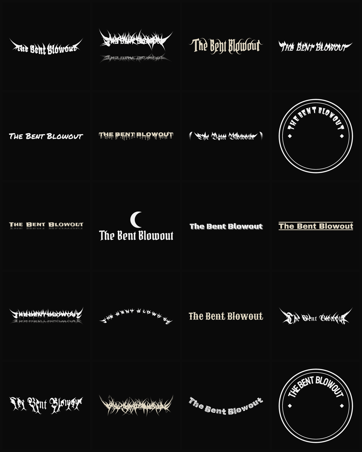 Twenty The Bent Blowout band logo ideas — different faces, treatments and spike settings