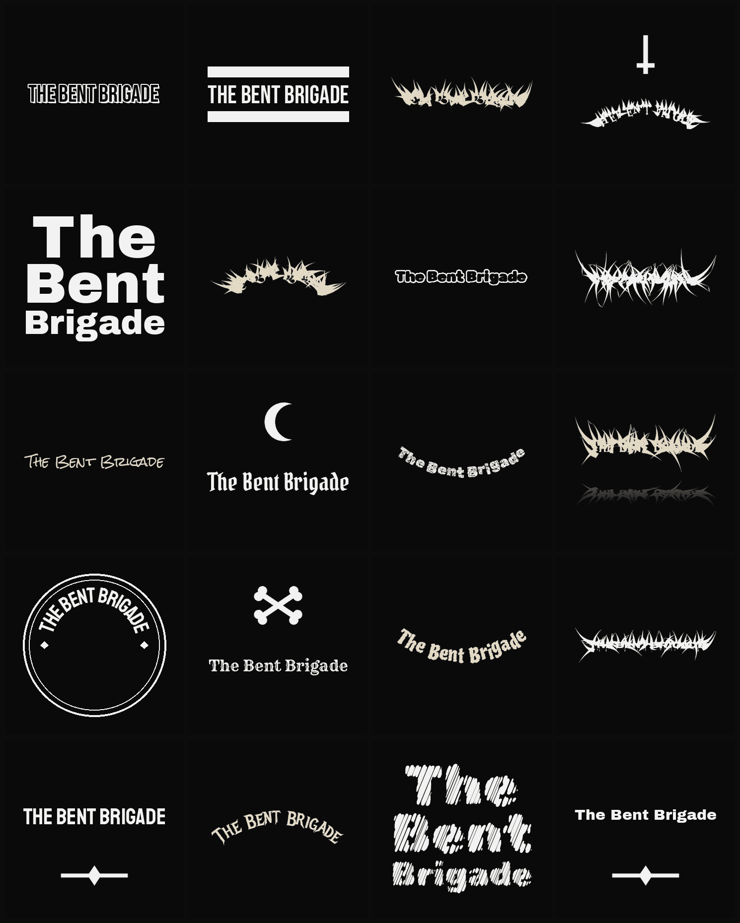 Twenty The Bent Brigade band logo ideas — different faces, treatments and spike settings