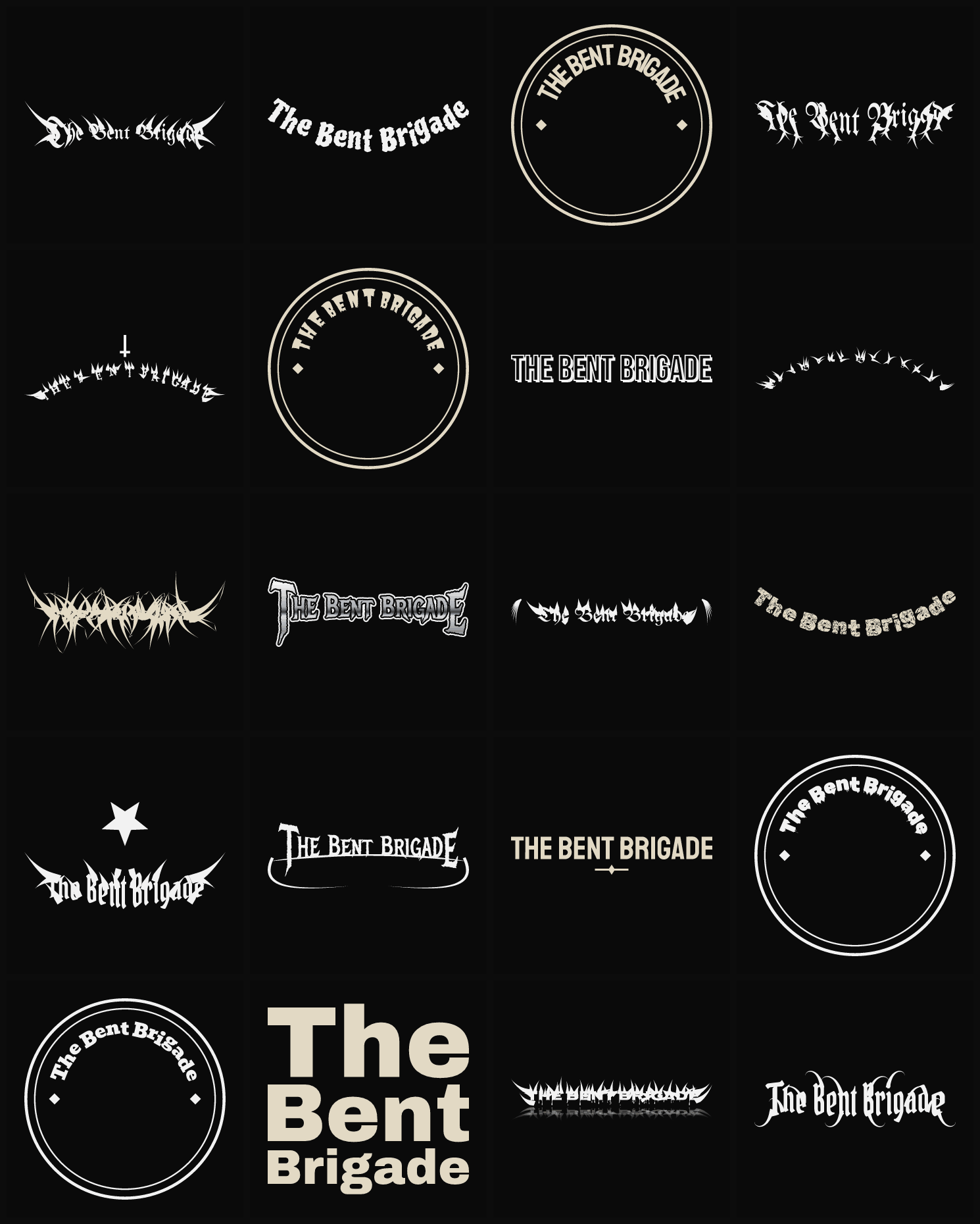 Twenty The Bent Brigade band logo ideas — different faces, treatments and spike settings