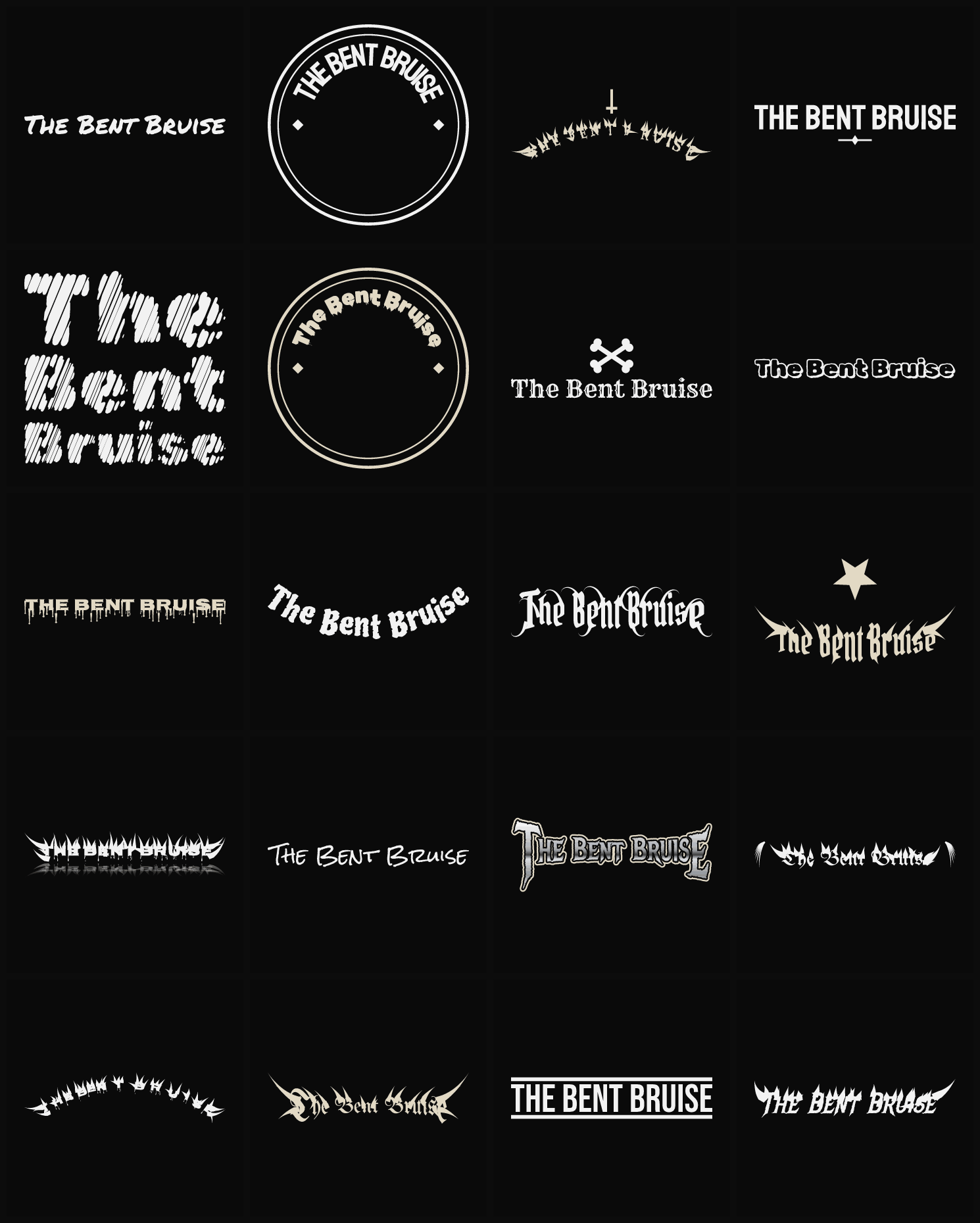 Twenty The Bent Bruise band logo ideas — different faces, treatments and spike settings