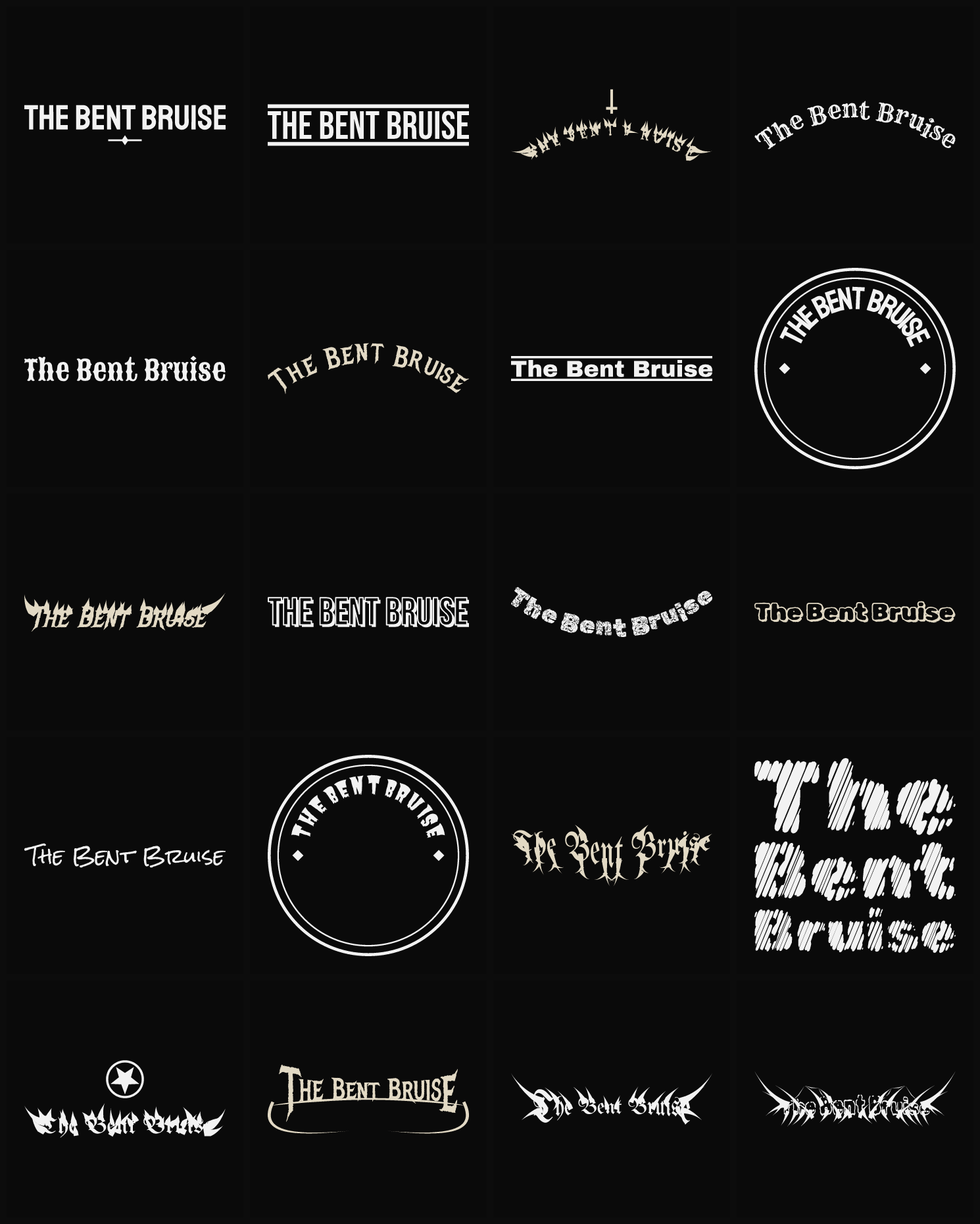 Twenty The Bent Bruise band logo ideas — different faces, treatments and spike settings