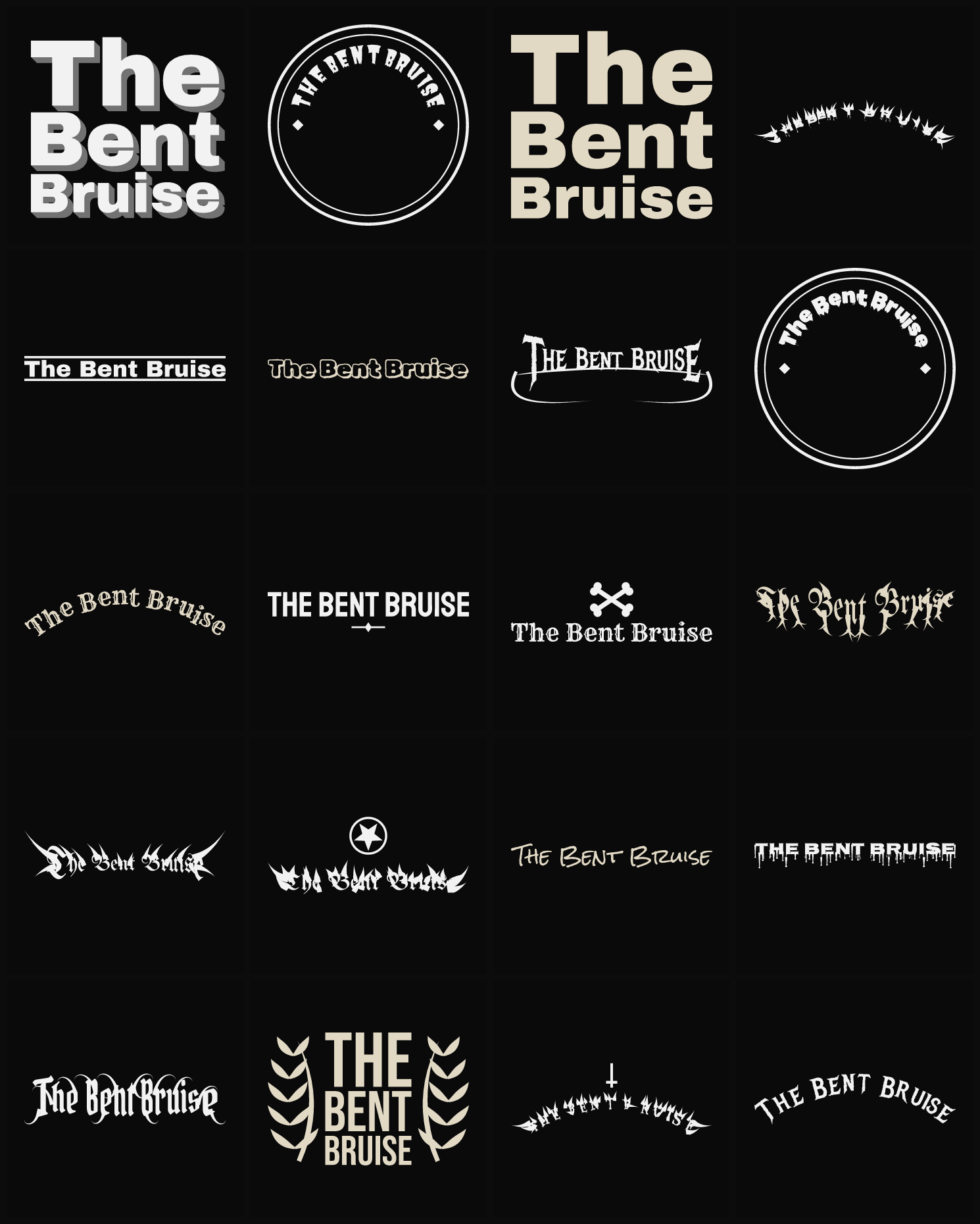 Twenty The Bent Bruise band logo ideas — different faces, treatments and spike settings