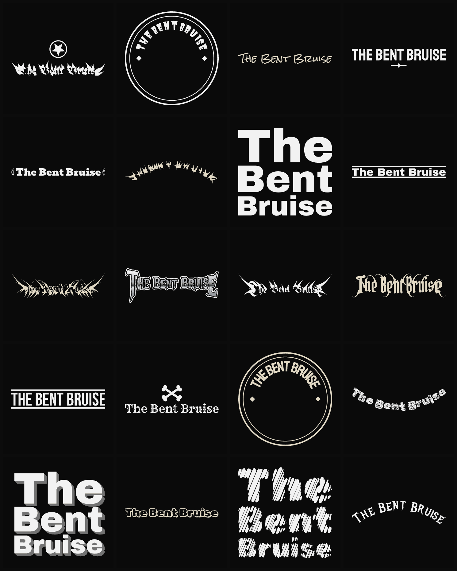 Twenty The Bent Bruise band logo ideas — different faces, treatments and spike settings