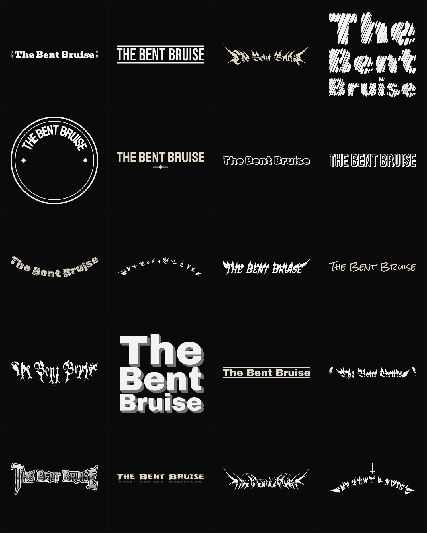 Twenty The Bent Bruise band logo ideas — different faces, treatments and spike settings