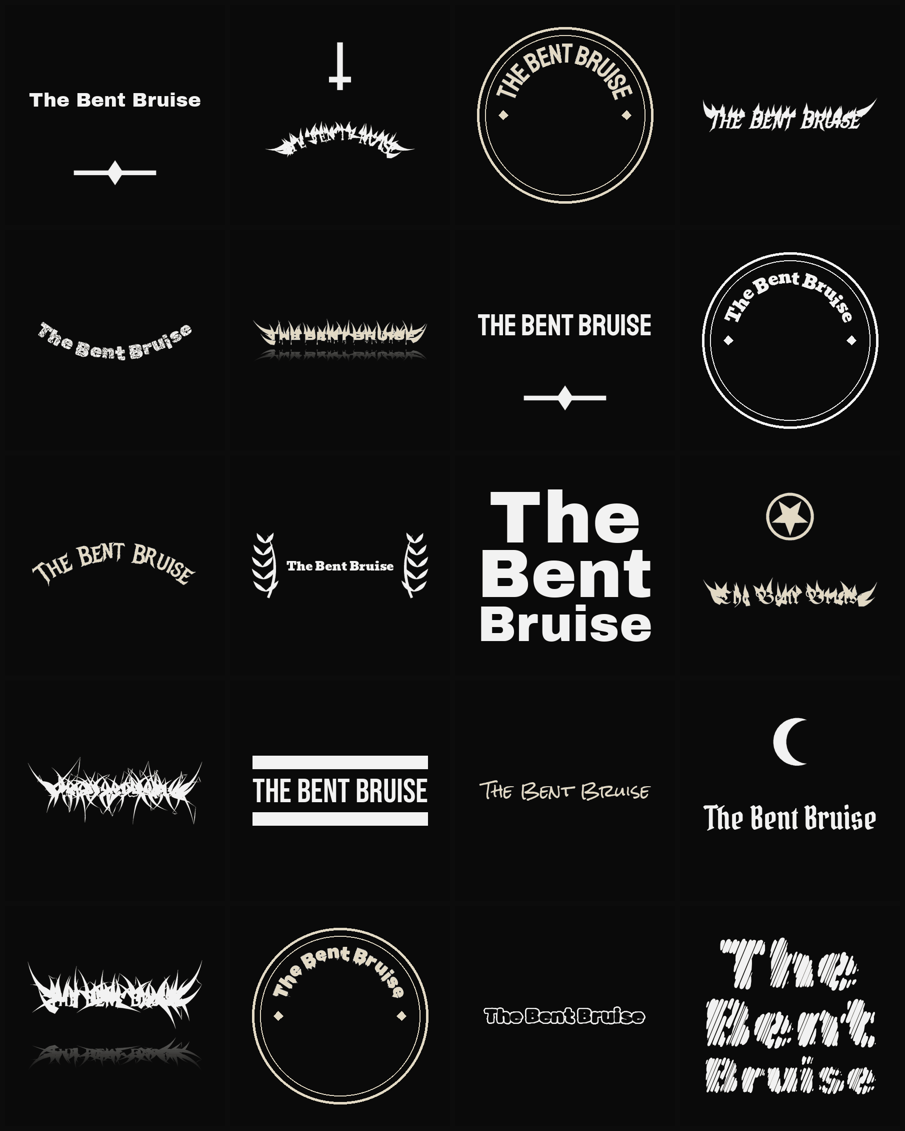 Twenty The Bent Bruise band logo ideas — different faces, treatments and spike settings