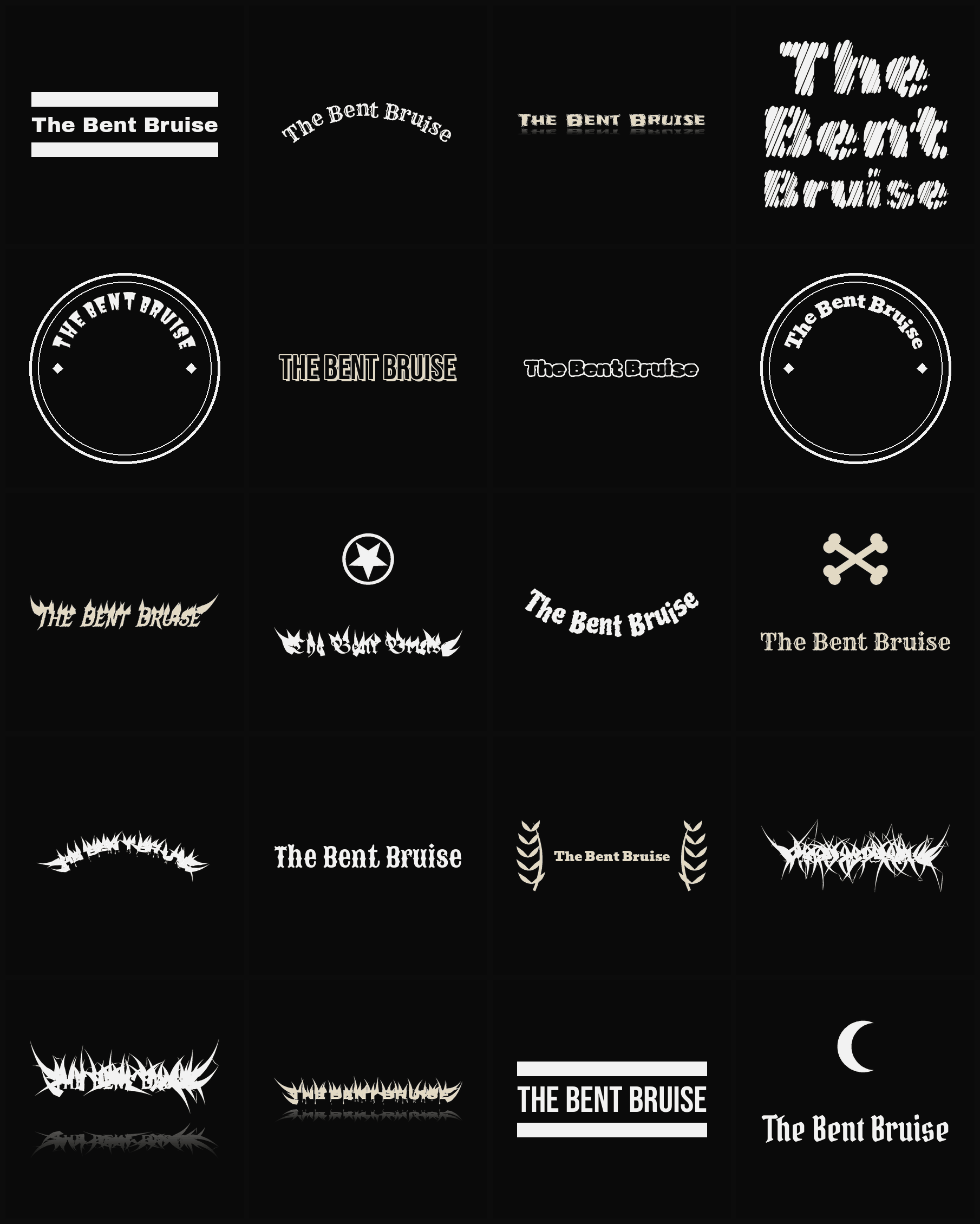 Twenty The Bent Bruise band logo ideas — different faces, treatments and spike settings