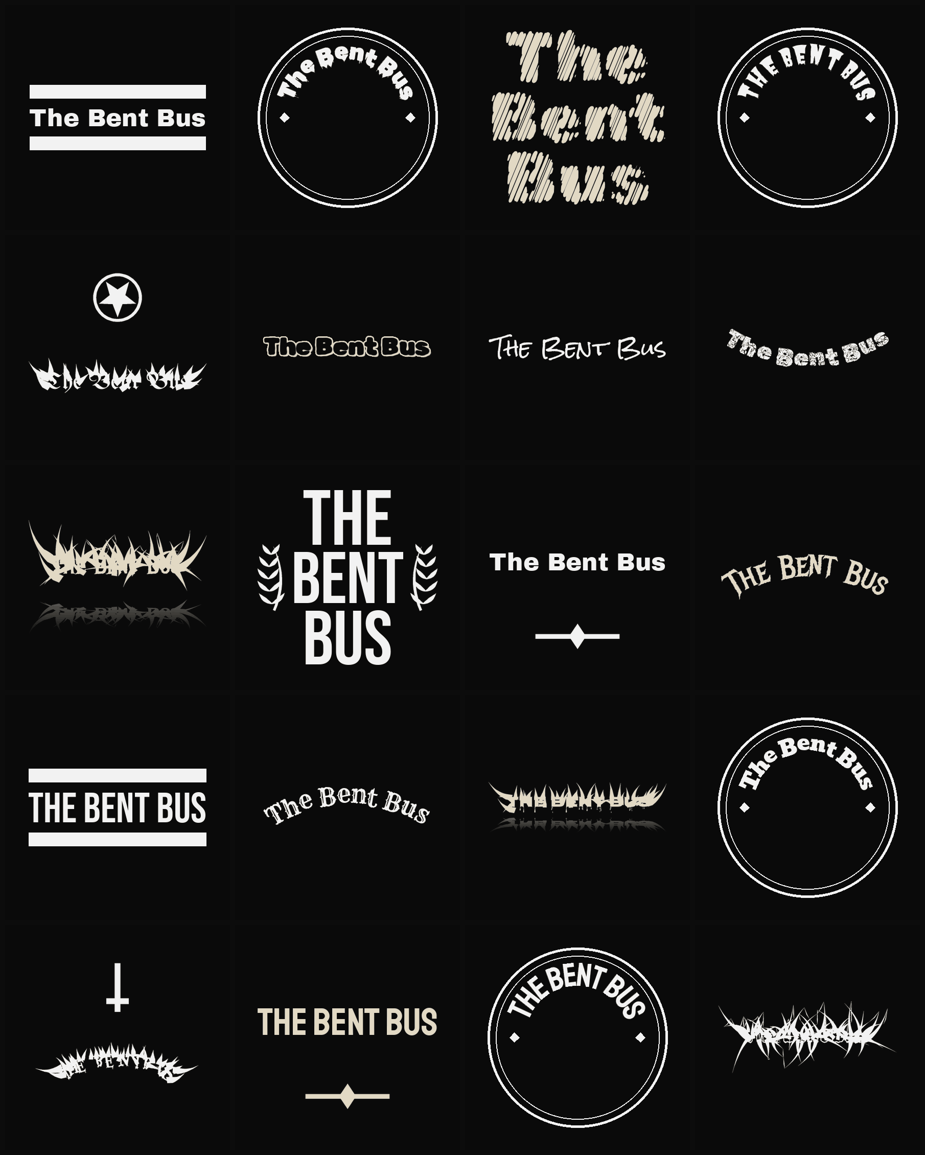 Twenty The Bent Bus band logo ideas — different faces, treatments and spike settings