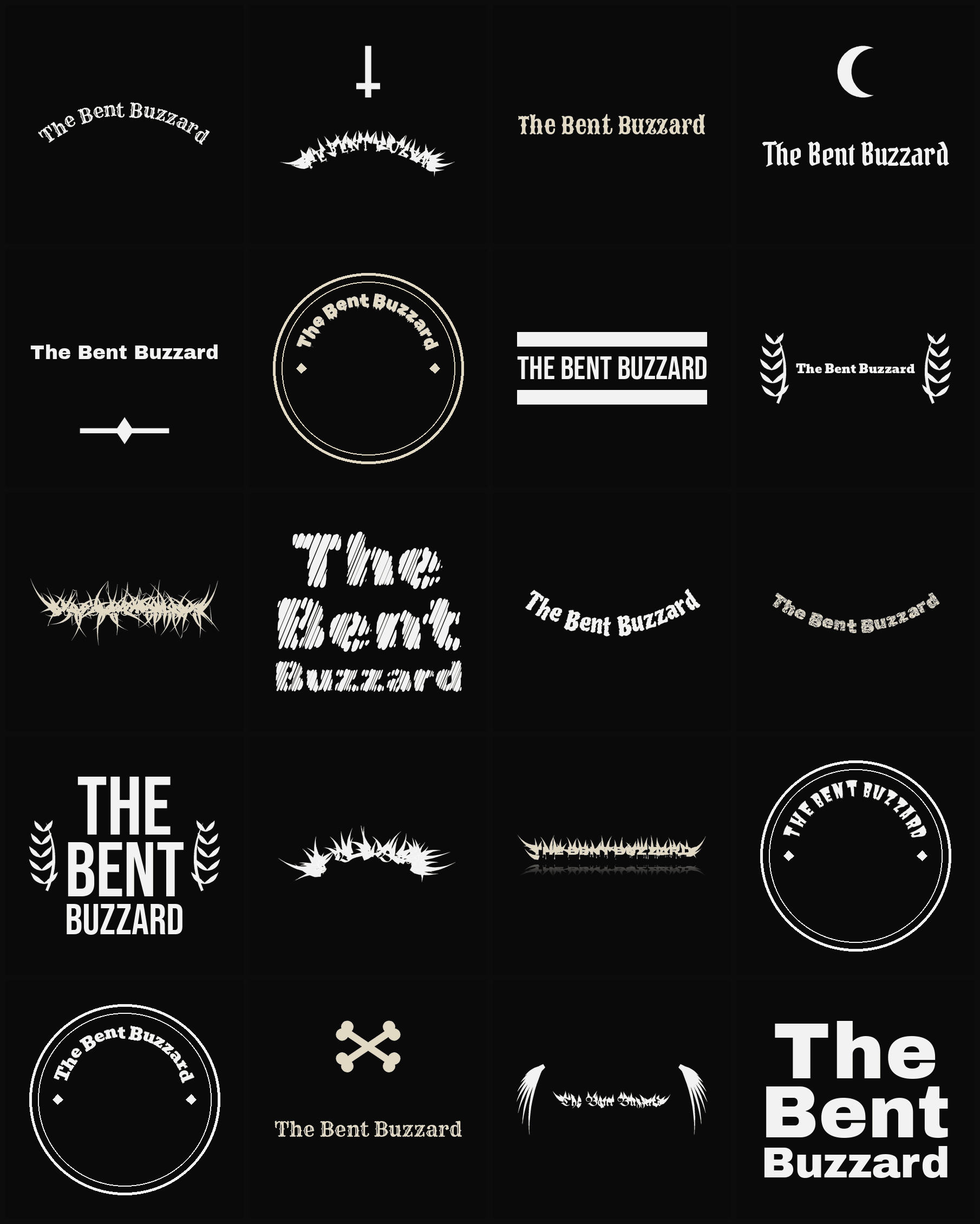 Twenty The Bent Buzzard band logo ideas — different faces, treatments and spike settings