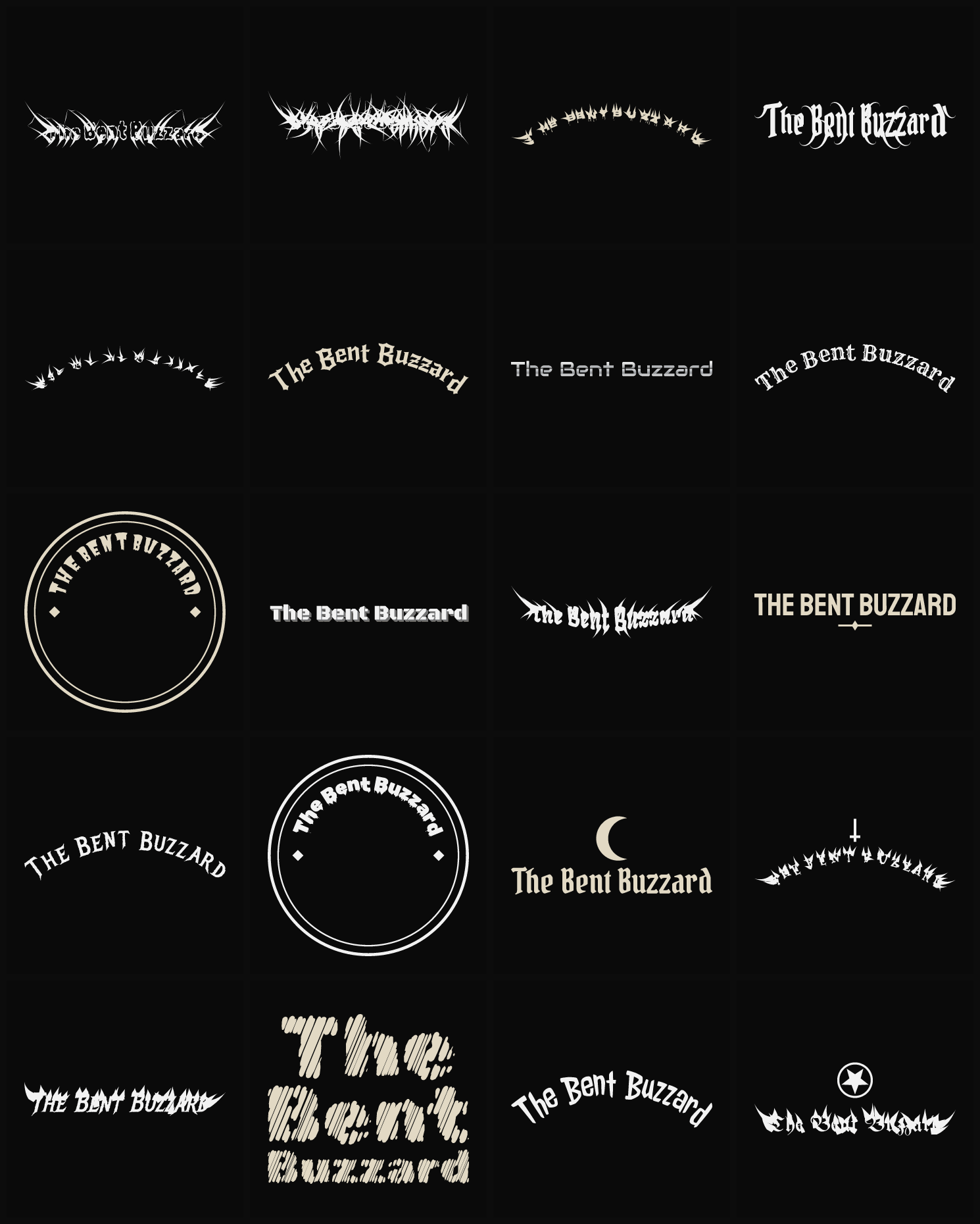 Twenty The Bent Buzzard band logo ideas — different faces, treatments and spike settings