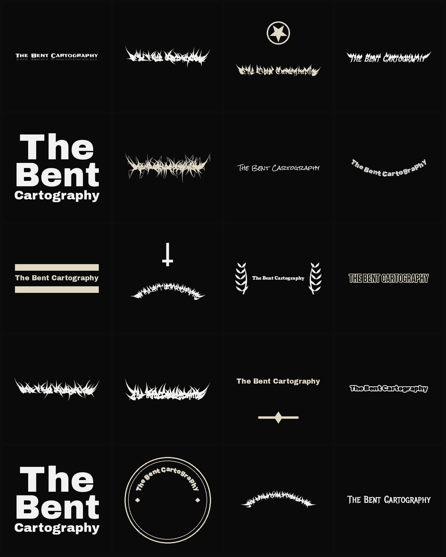 Twenty The Bent Cartography band logo ideas — different faces, treatments and spike settings