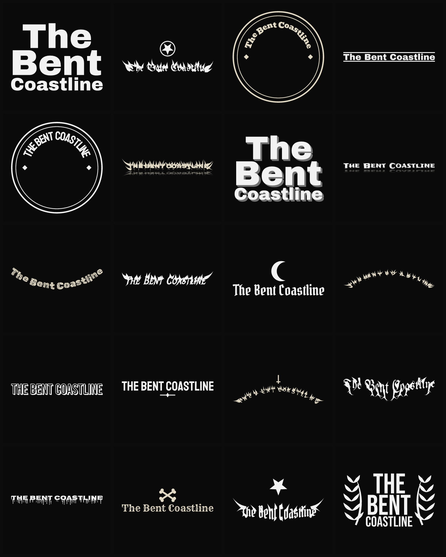 Twenty The Bent Coastline band logo ideas — different faces, treatments and spike settings