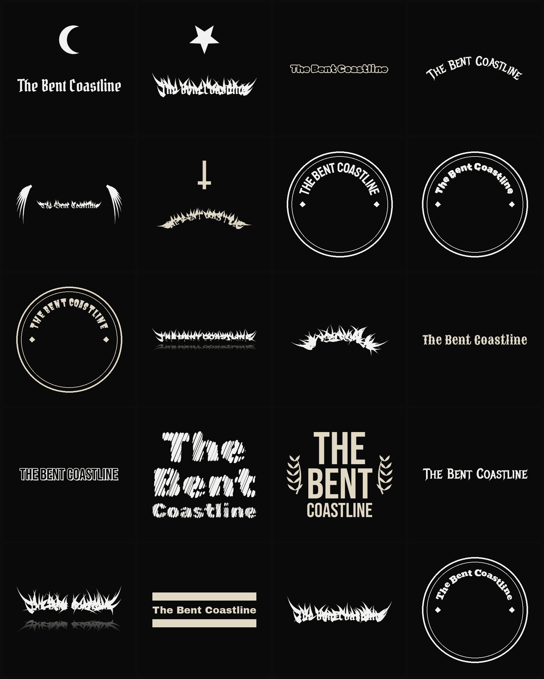 Twenty The Bent Coastline band logo ideas — different faces, treatments and spike settings