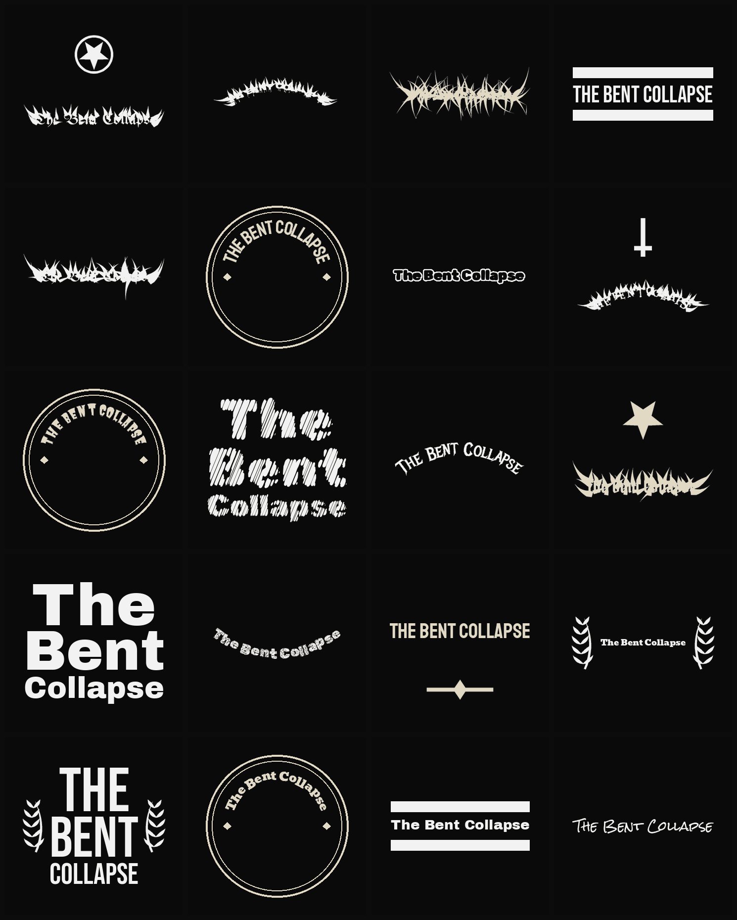 Twenty The Bent Collapse band logo ideas — different faces, treatments and spike settings