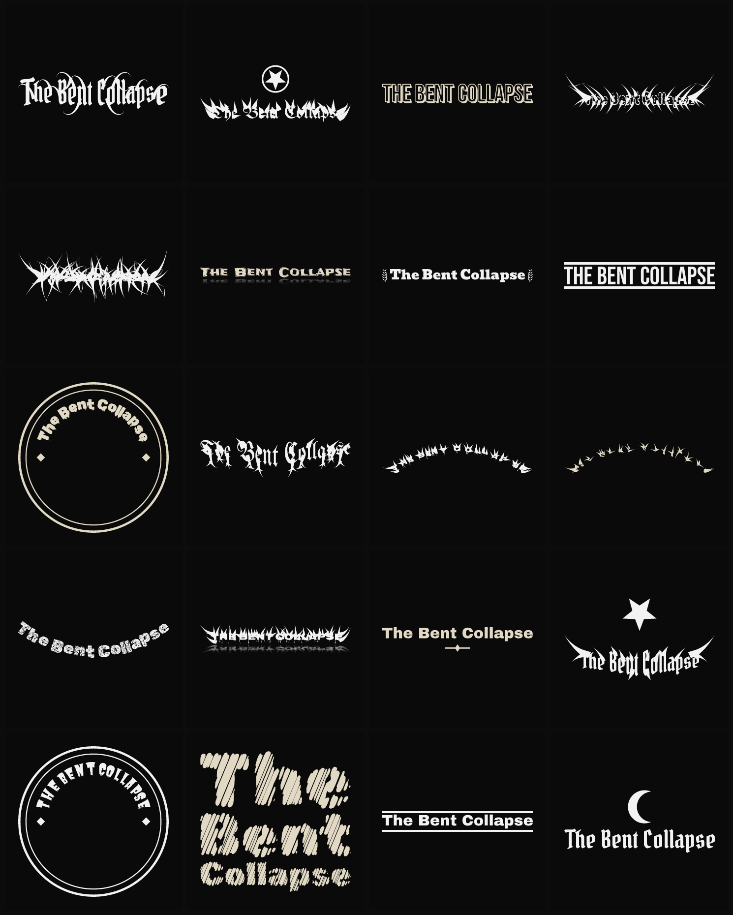 Twenty The Bent Collapse band logo ideas — different faces, treatments and spike settings
