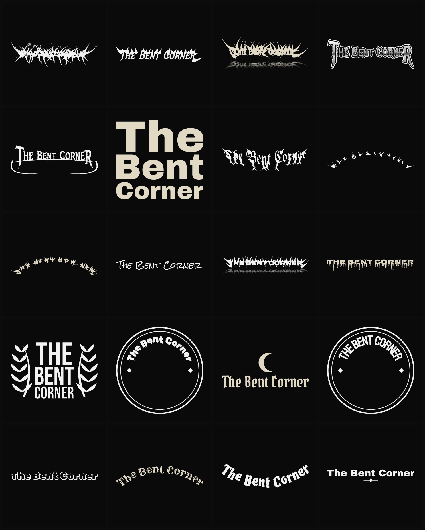 Twenty The Bent Corner band logo ideas — different faces, treatments and spike settings