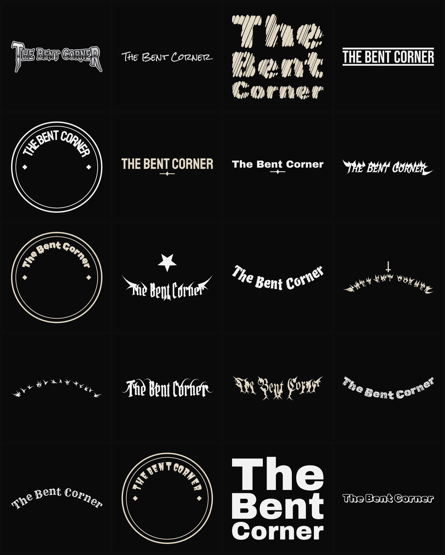 Twenty The Bent Corner band logo ideas — different faces, treatments and spike settings