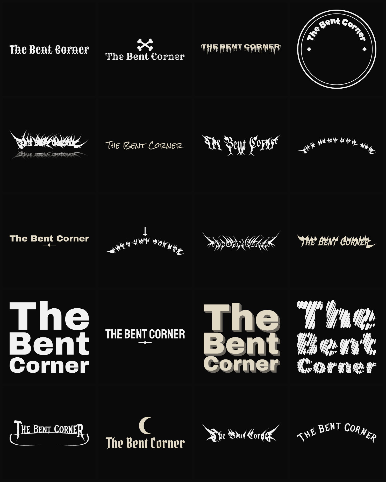 Twenty The Bent Corner band logo ideas — different faces, treatments and spike settings