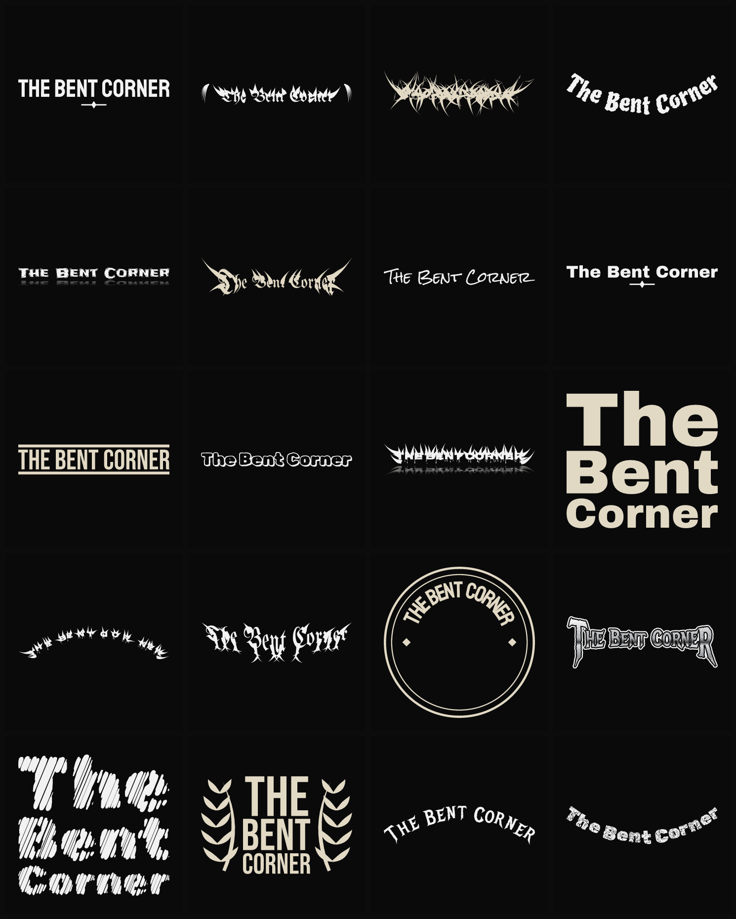Twenty The Bent Corner band logo ideas — different faces, treatments and spike settings