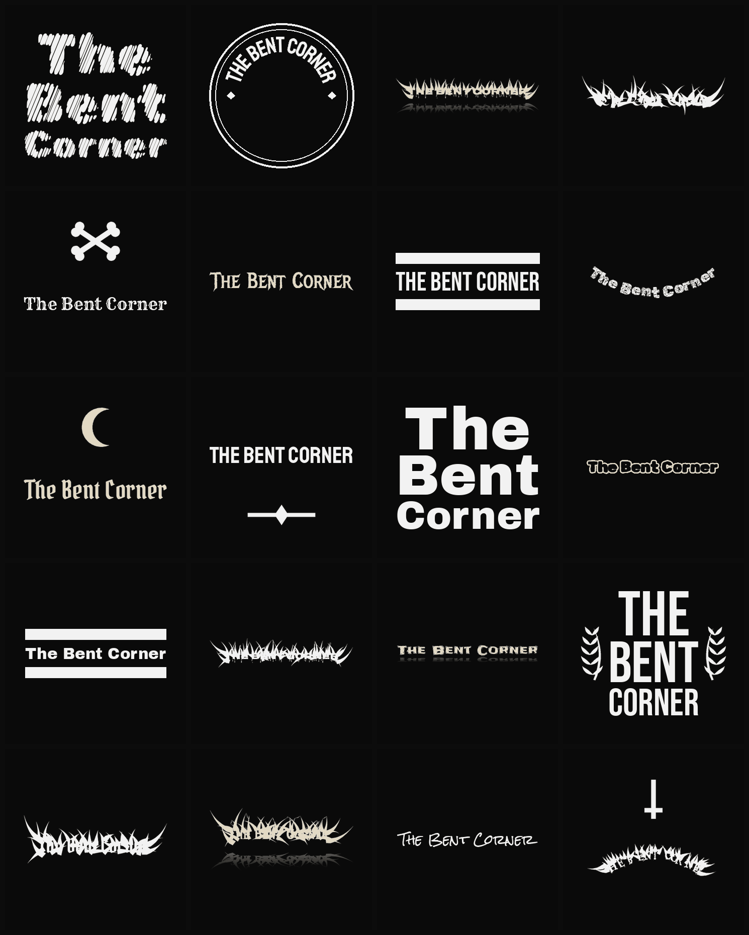 Twenty The Bent Corner band logo ideas — different faces, treatments and spike settings
