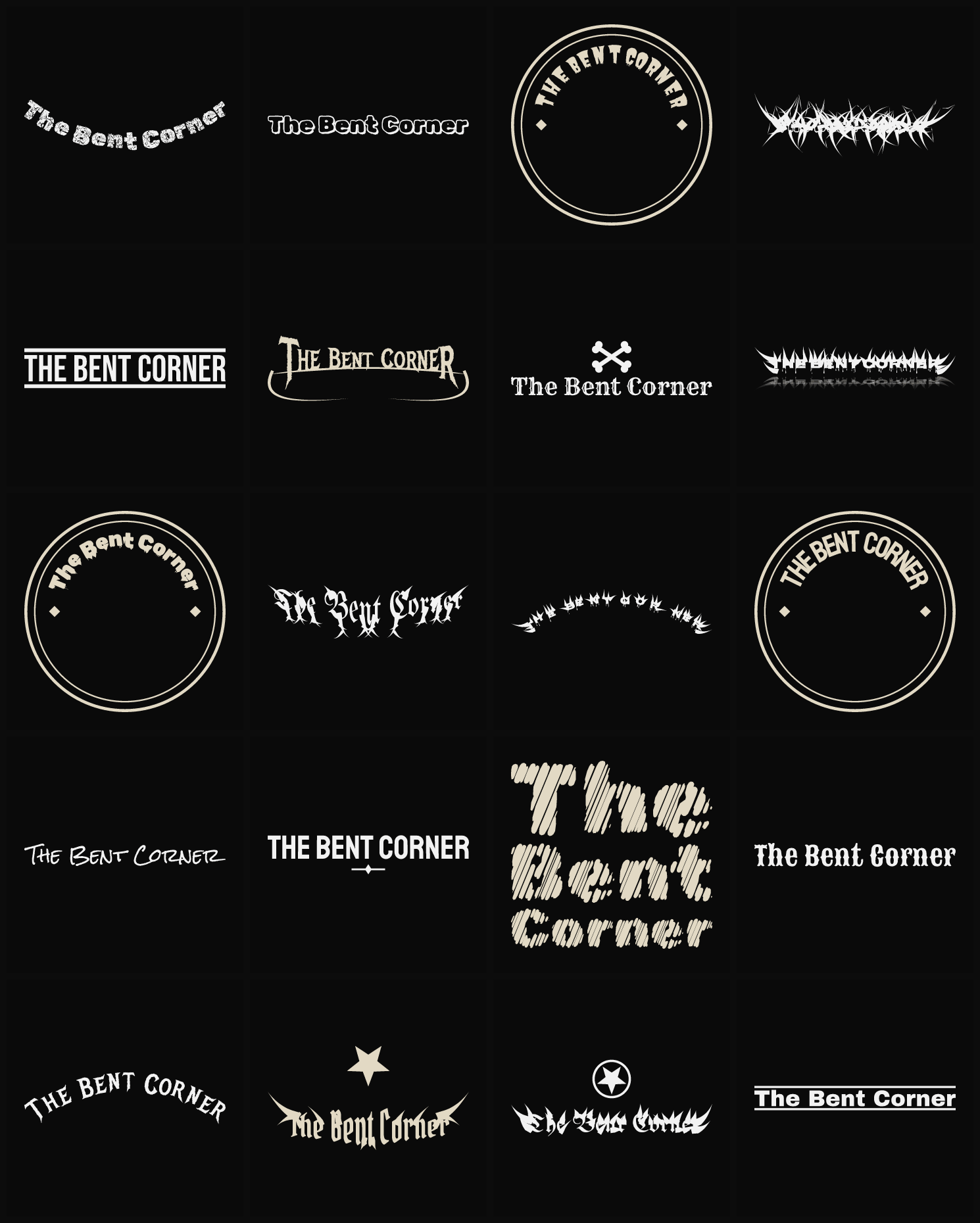 Twenty The Bent Corner band logo ideas — different faces, treatments and spike settings