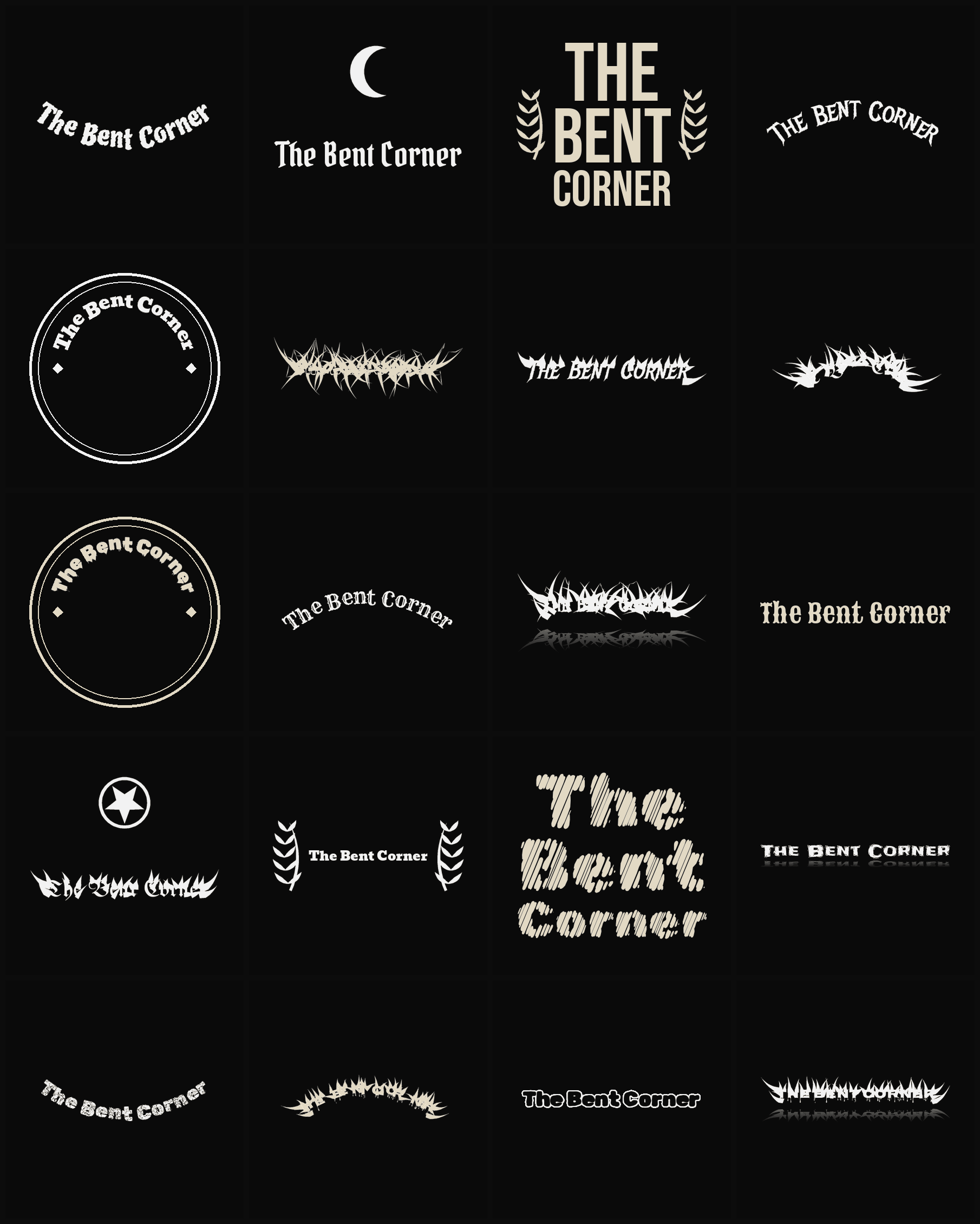 Twenty The Bent Corner band logo ideas — different faces, treatments and spike settings
