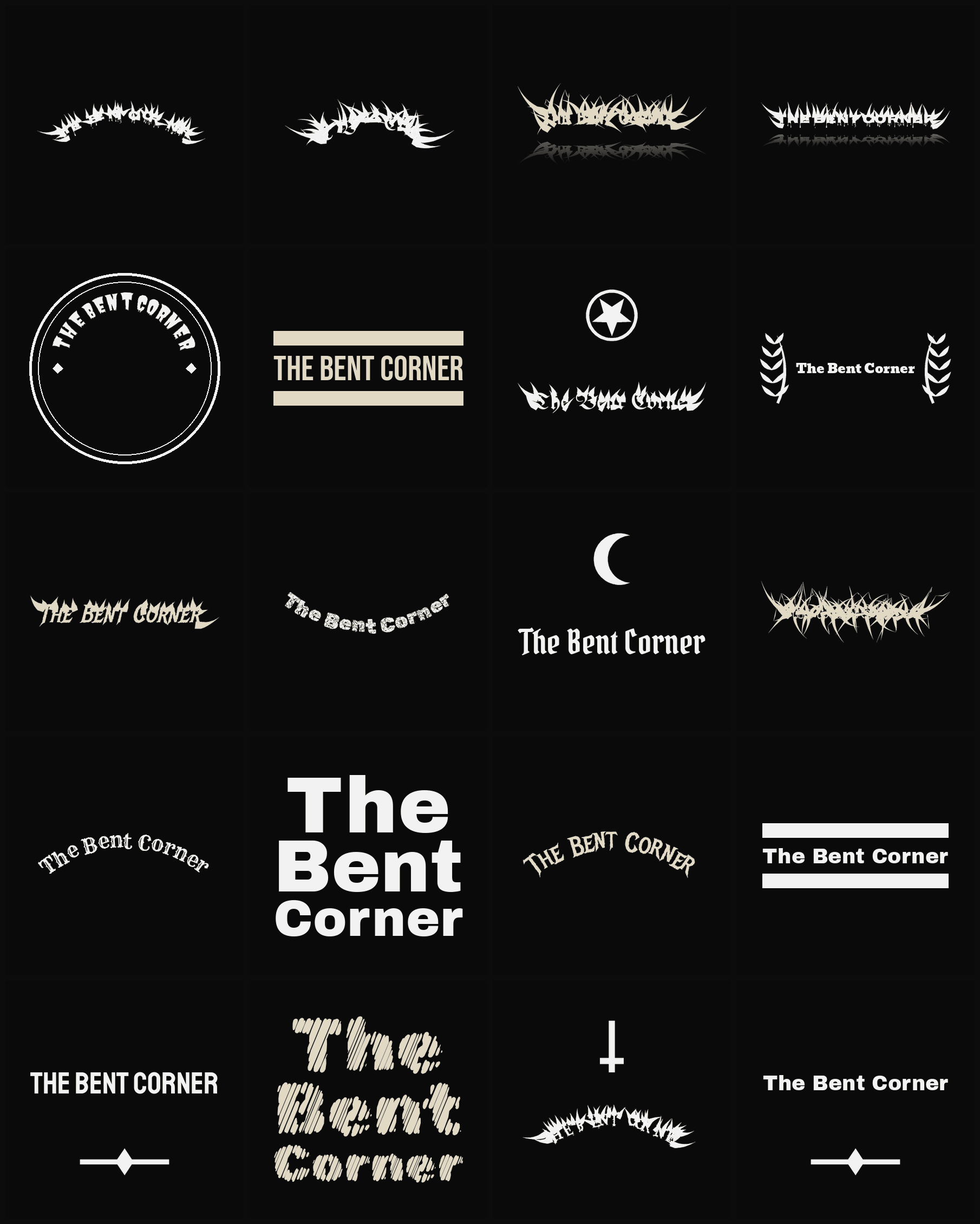 Twenty The Bent Corner band logo ideas — different faces, treatments and spike settings