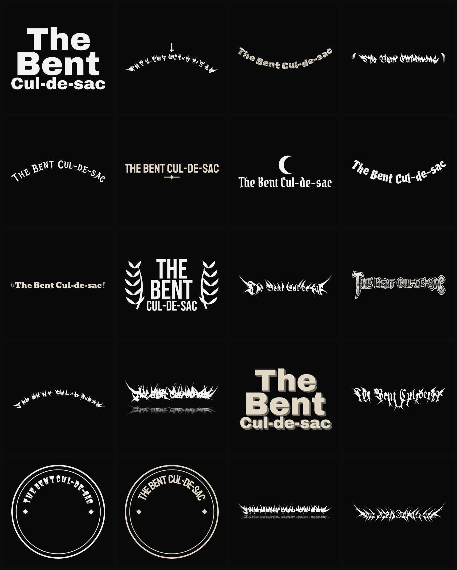 Twenty The Bent Cul-de-sac band logo ideas — different faces, treatments and spike settings