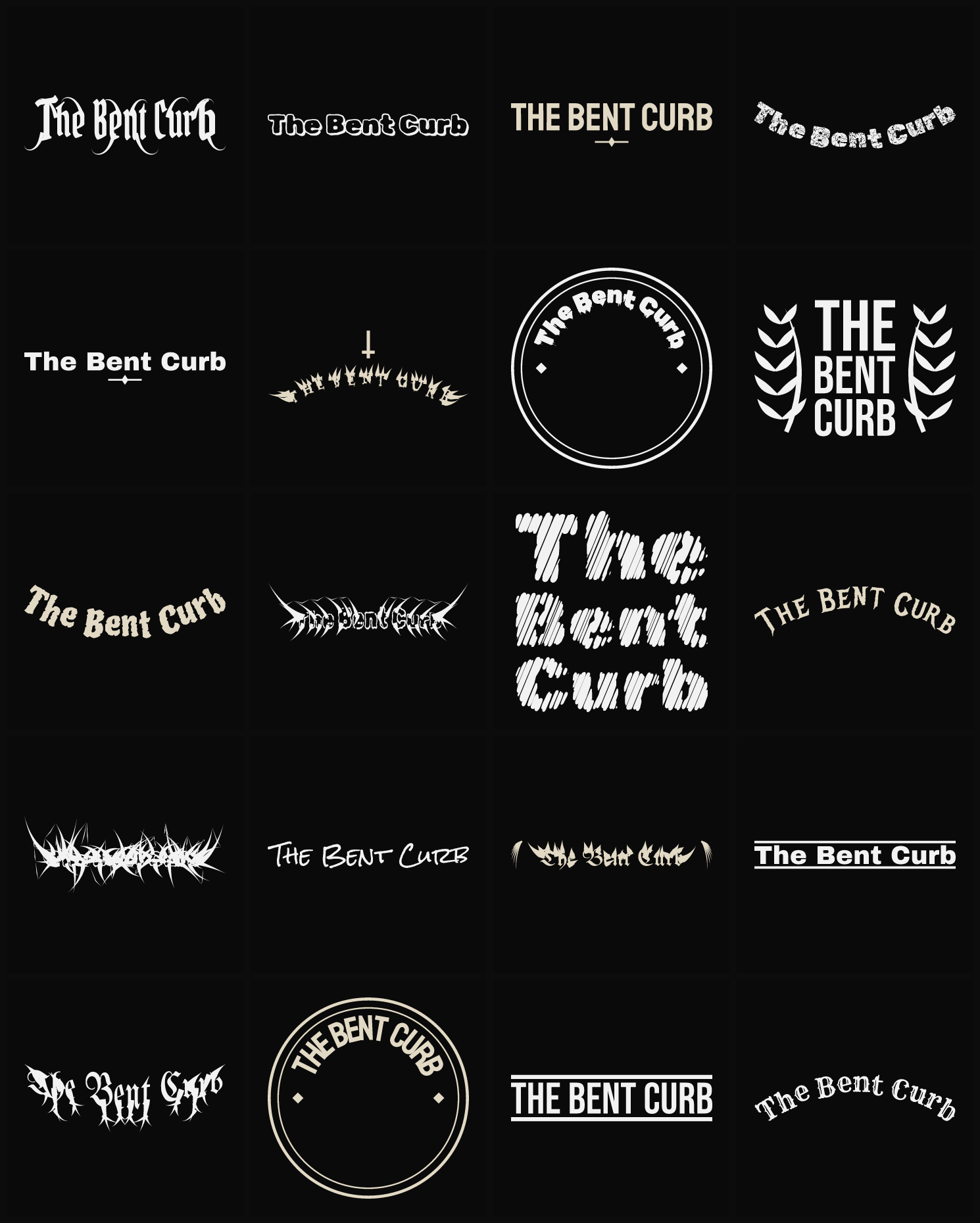 Twenty The Bent Curb band logo ideas — different faces, treatments and spike settings