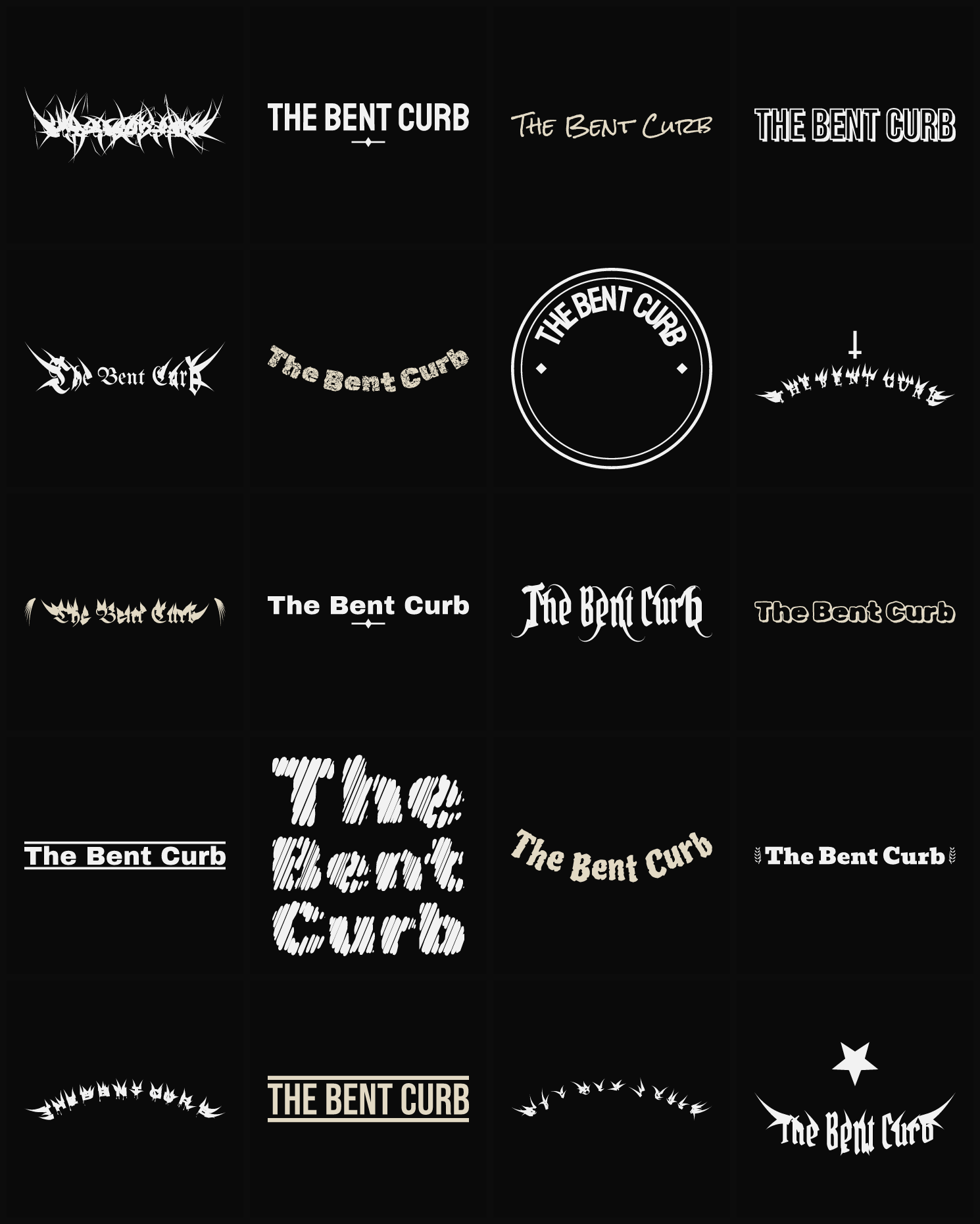 Twenty The Bent Curb band logo ideas — different faces, treatments and spike settings