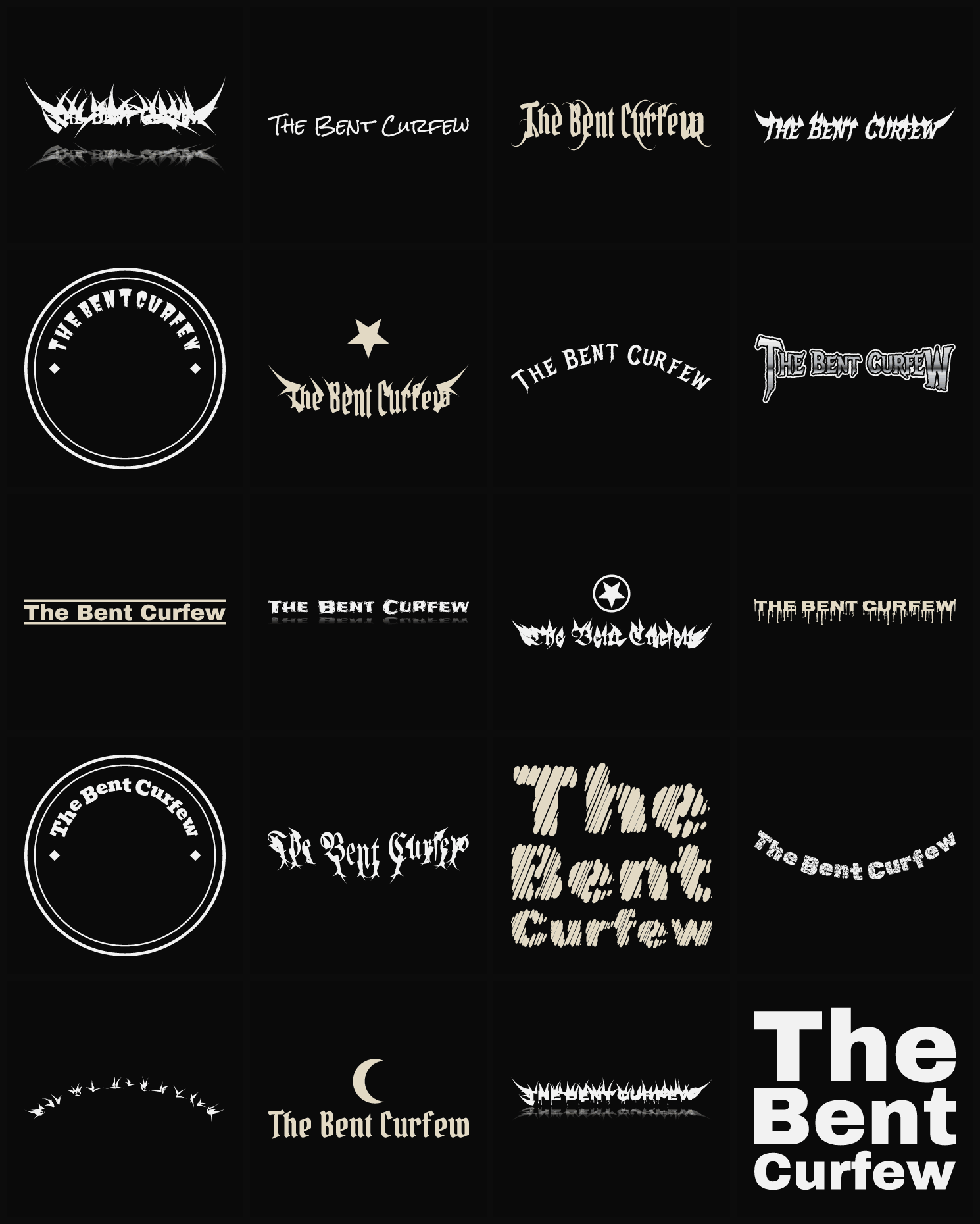 Twenty The Bent Curfew band logo ideas — different faces, treatments and spike settings