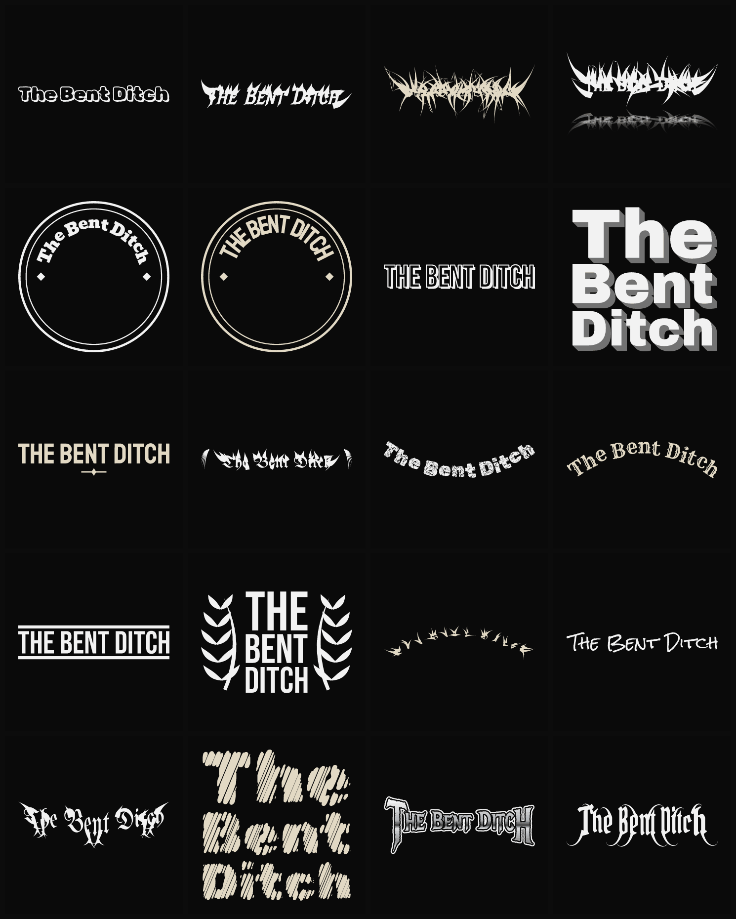 Twenty The Bent Ditch band logo ideas — different faces, treatments and spike settings