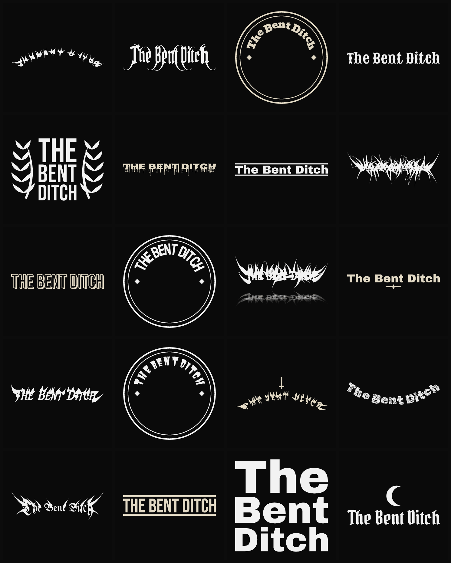 Twenty The Bent Ditch band logo ideas — different faces, treatments and spike settings