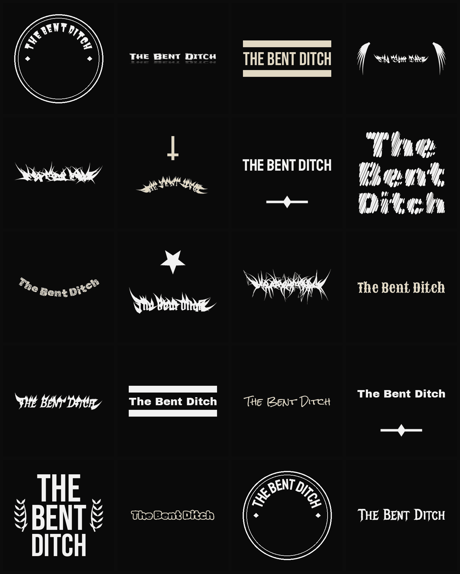 Twenty The Bent Ditch band logo ideas — different faces, treatments and spike settings