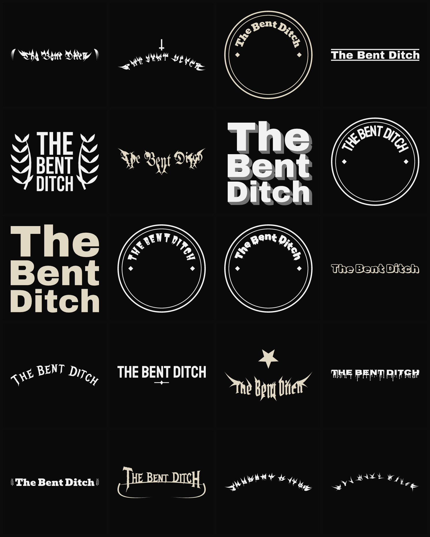 Twenty The Bent Ditch band logo ideas — different faces, treatments and spike settings