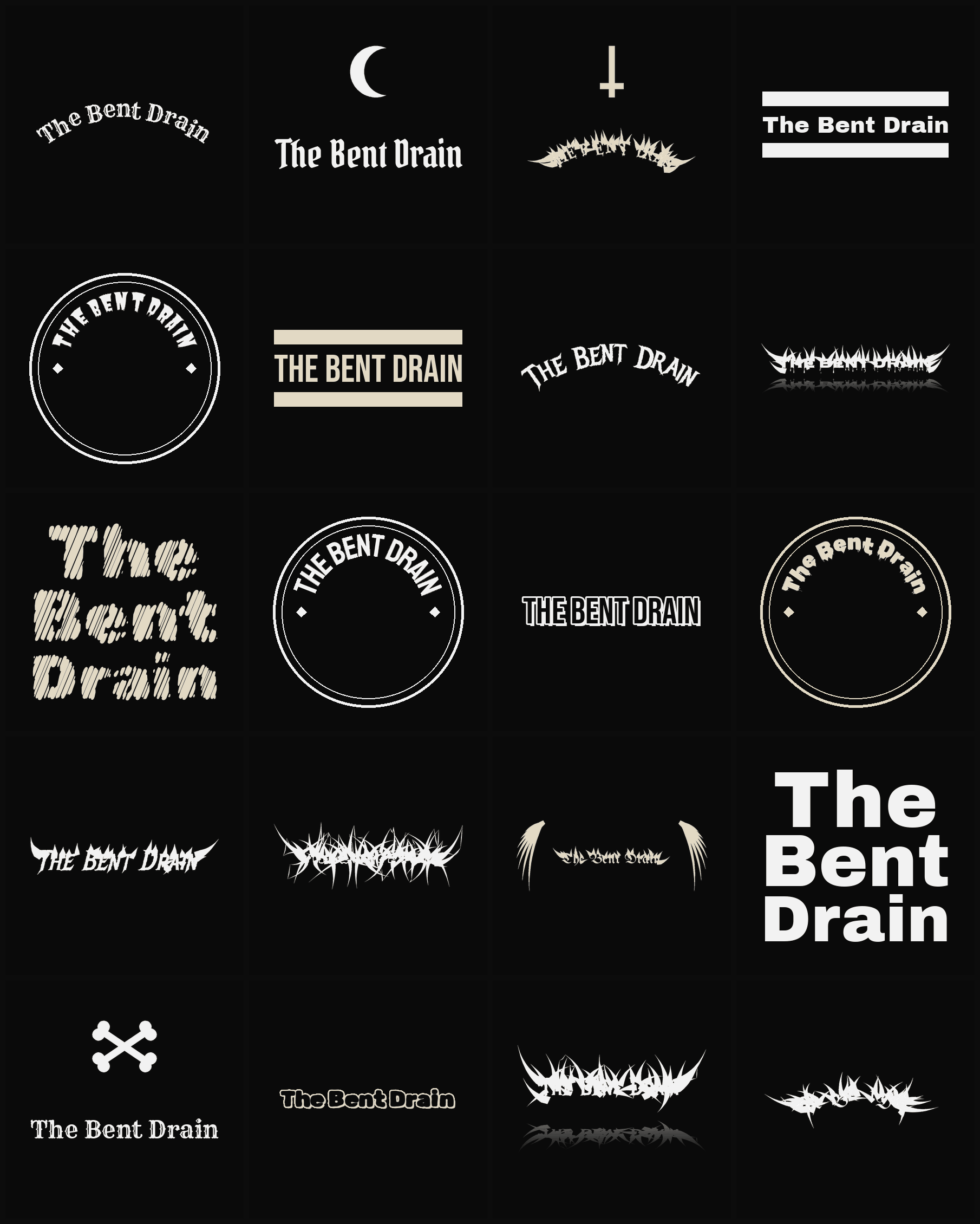 Twenty The Bent Drain band logo ideas — different faces, treatments and spike settings