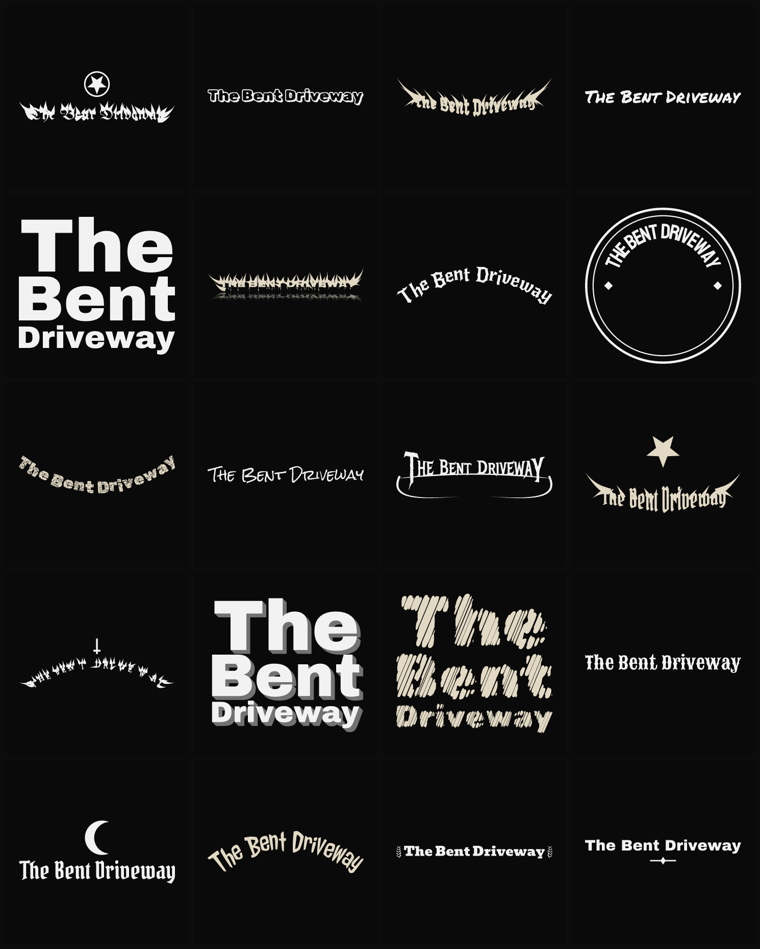 Twenty The Bent Driveway band logo ideas — different faces, treatments and spike settings
