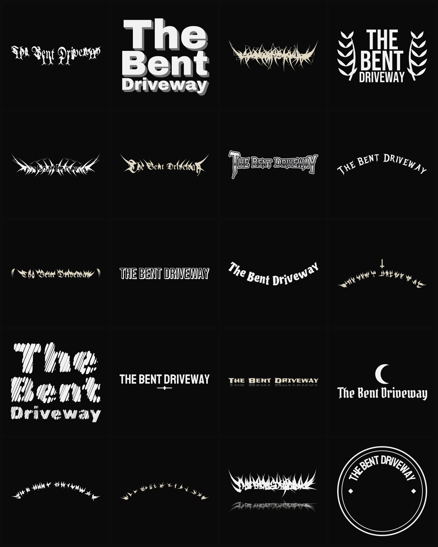 Twenty The Bent Driveway band logo ideas — different faces, treatments and spike settings