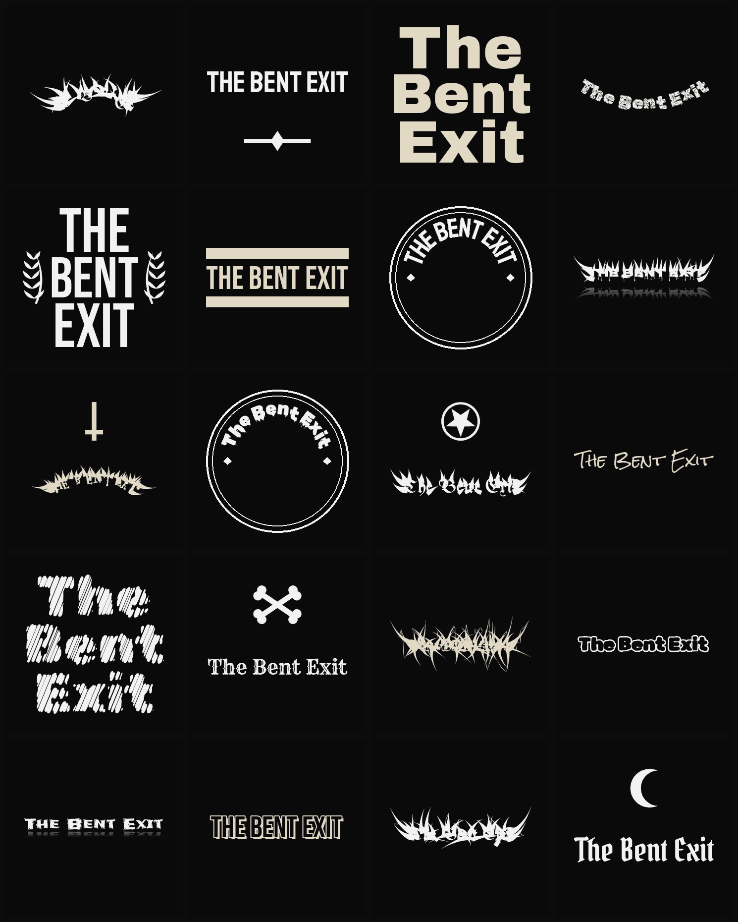 Twenty The Bent Exit band logo ideas — different faces, treatments and spike settings