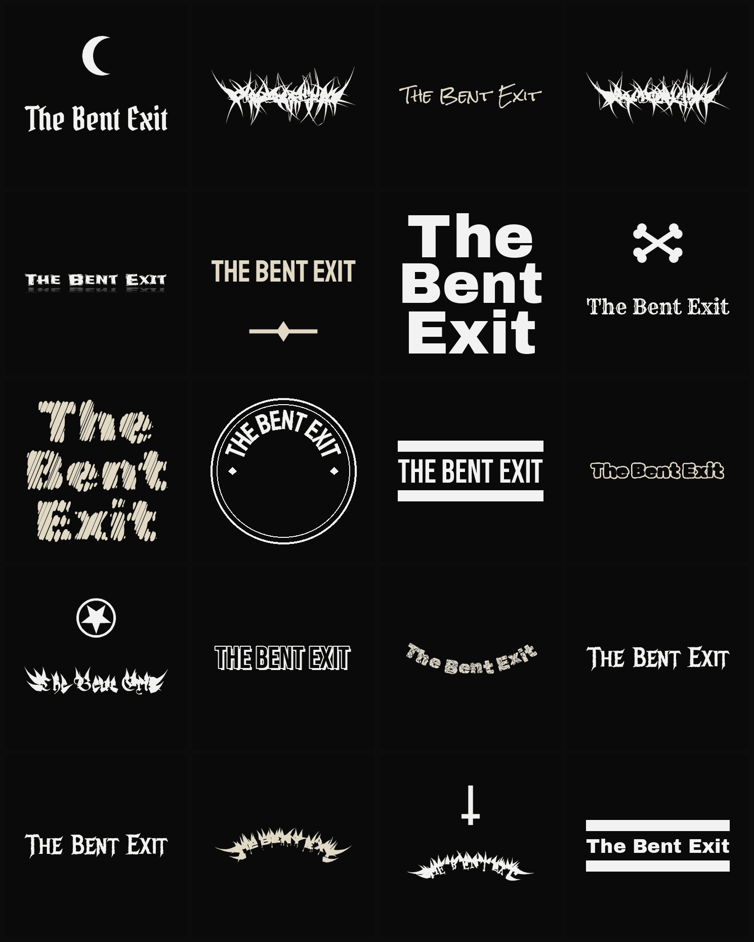 Twenty The Bent Exit band logo ideas — different faces, treatments and spike settings