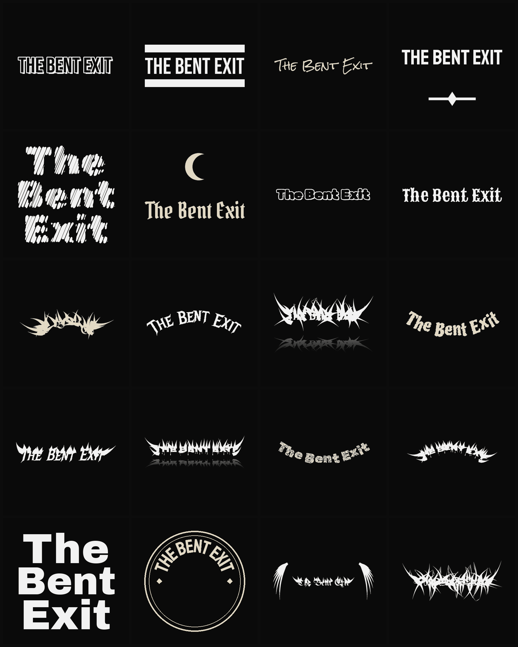 Twenty The Bent Exit band logo ideas — different faces, treatments and spike settings