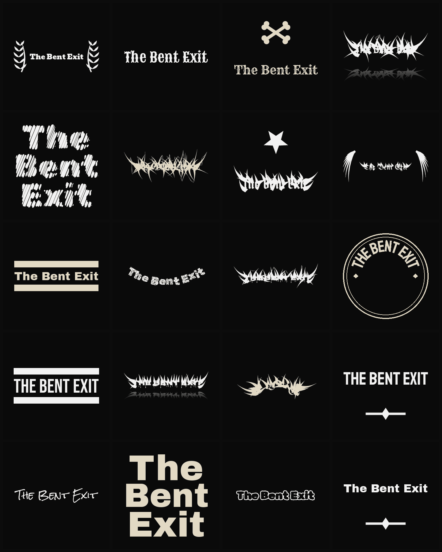 Twenty The Bent Exit band logo ideas — different faces, treatments and spike settings