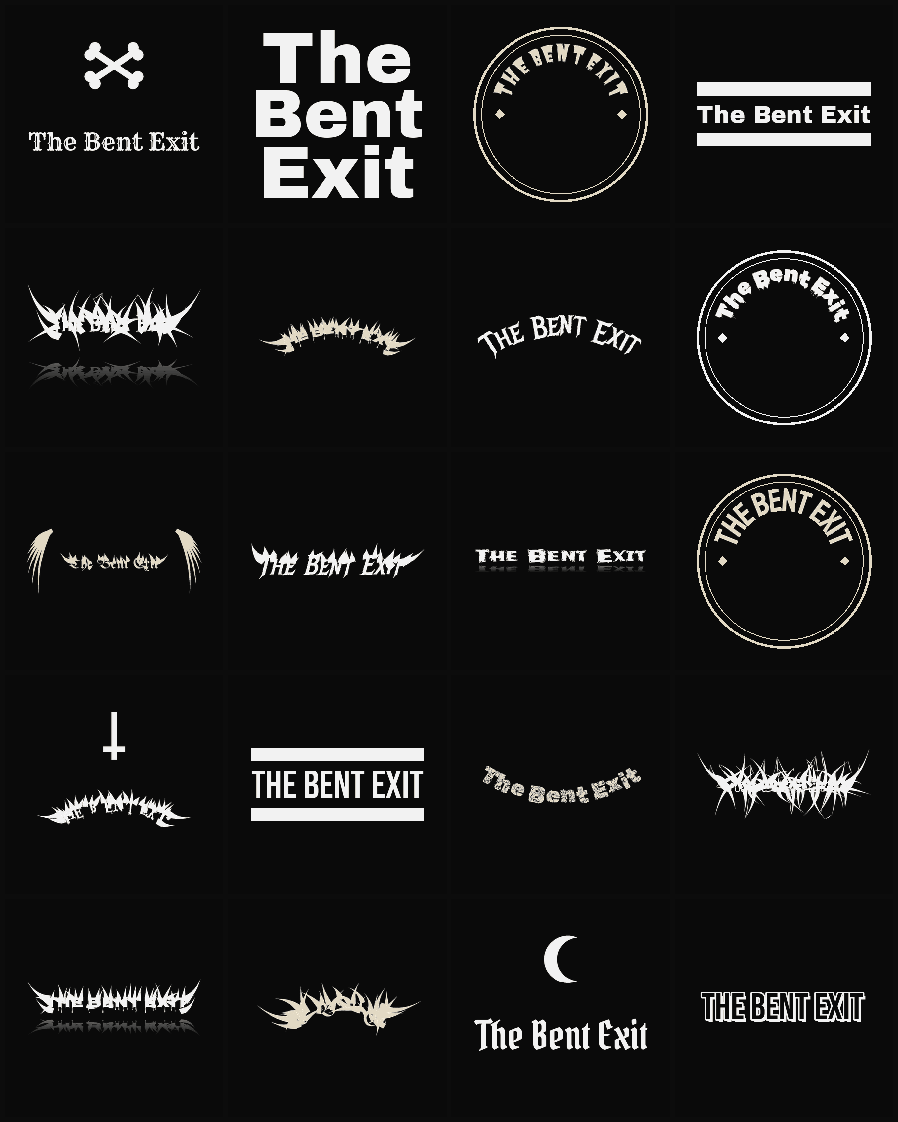 Twenty The Bent Exit band logo ideas — different faces, treatments and spike settings