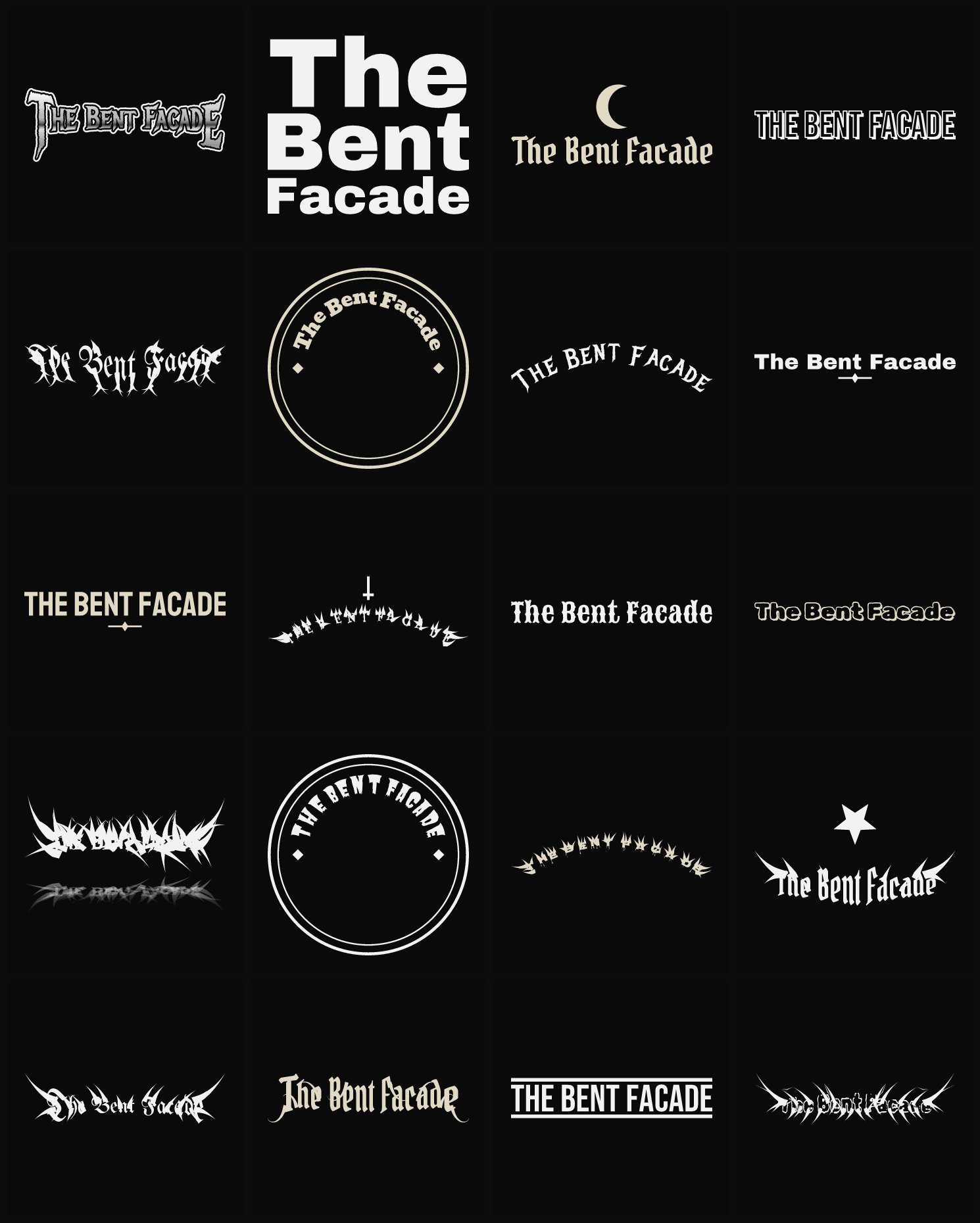 Twenty The Bent Facade band logo ideas — different faces, treatments and spike settings