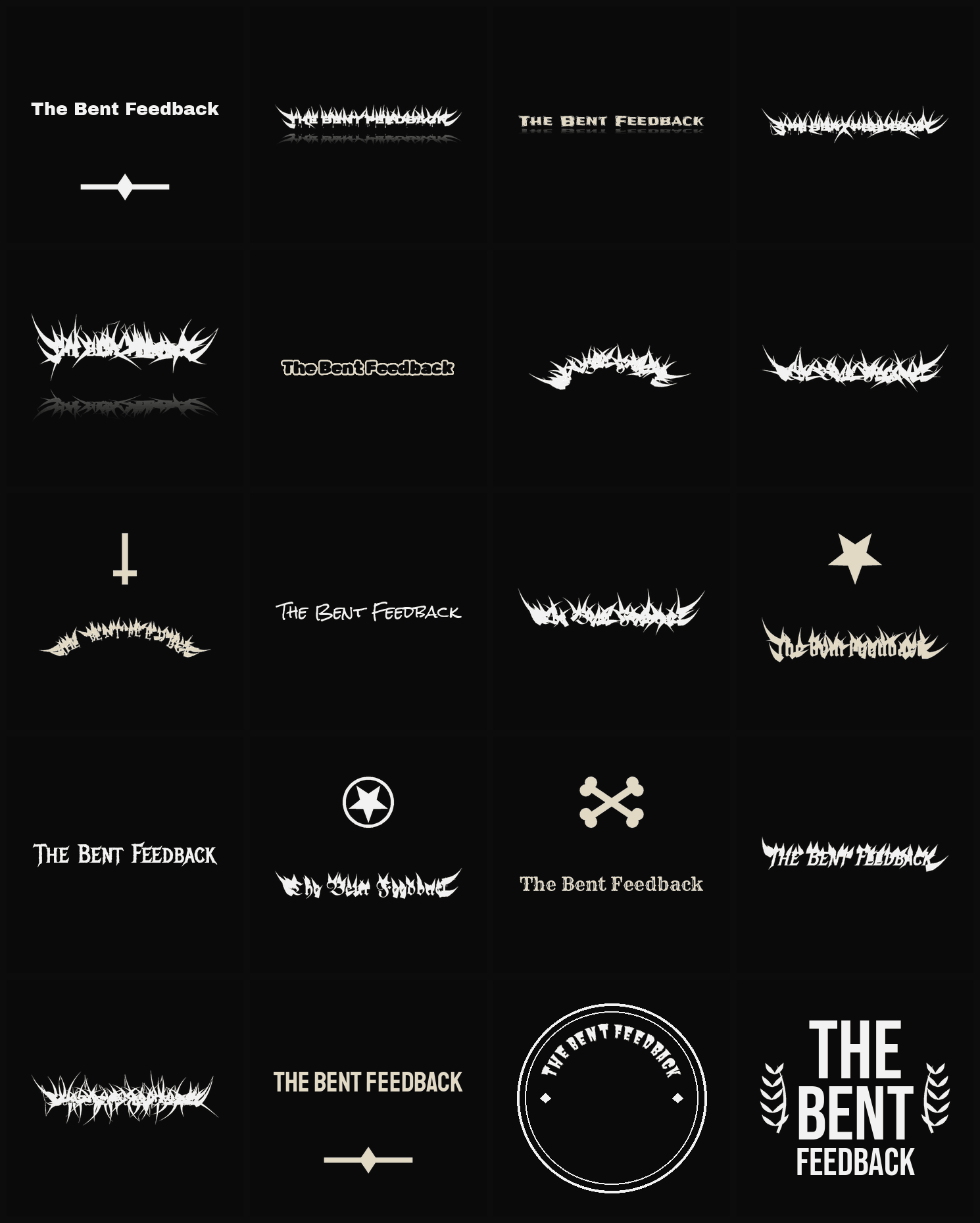 Twenty The Bent Feedback band logo ideas — different faces, treatments and spike settings