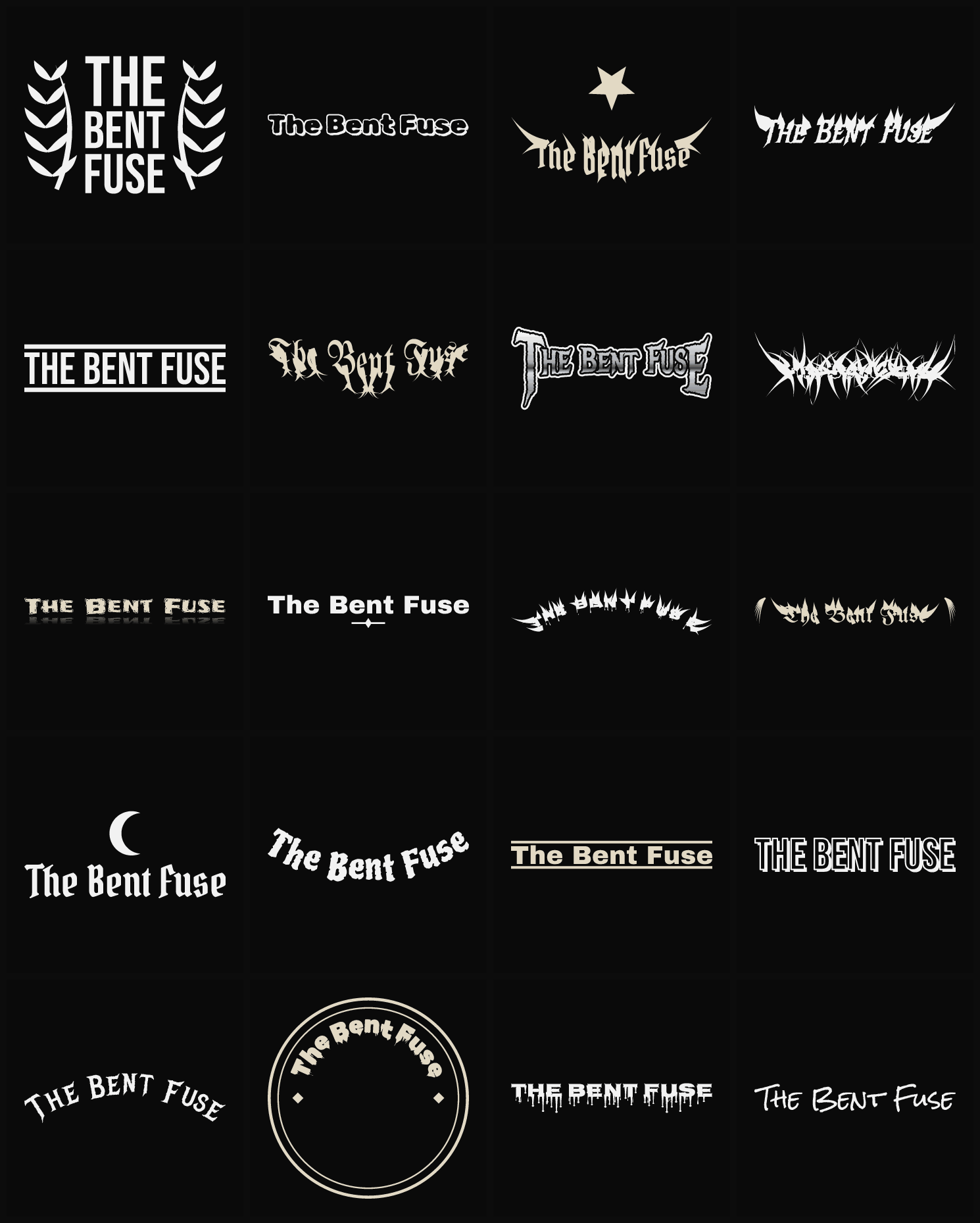 Twenty The Bent Fuse band logo ideas — different faces, treatments and spike settings
