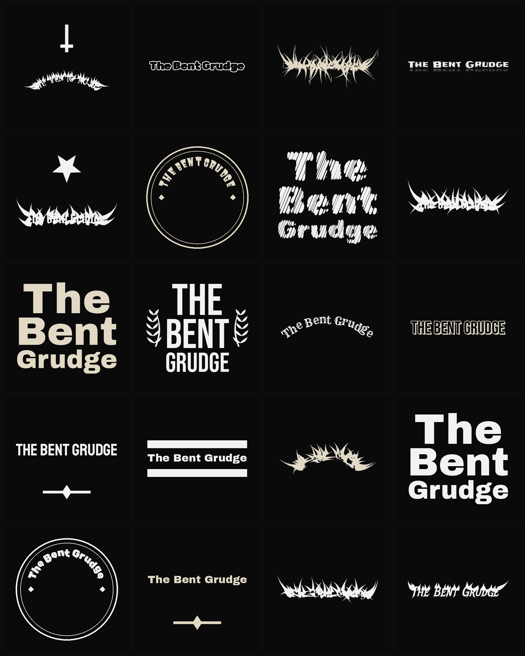 Twenty The Bent Grudge band logo ideas — different faces, treatments and spike settings