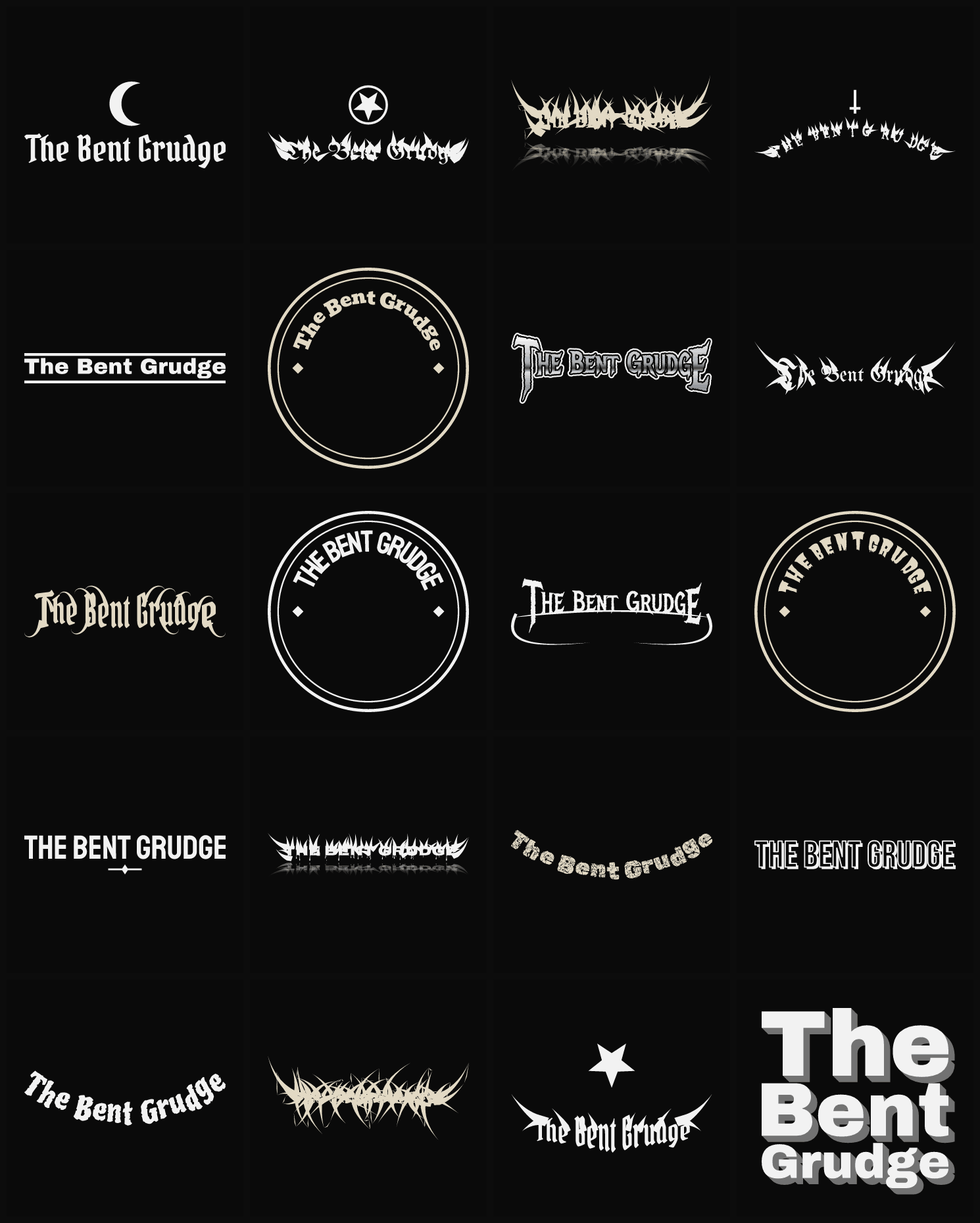 Twenty The Bent Grudge band logo ideas — different faces, treatments and spike settings